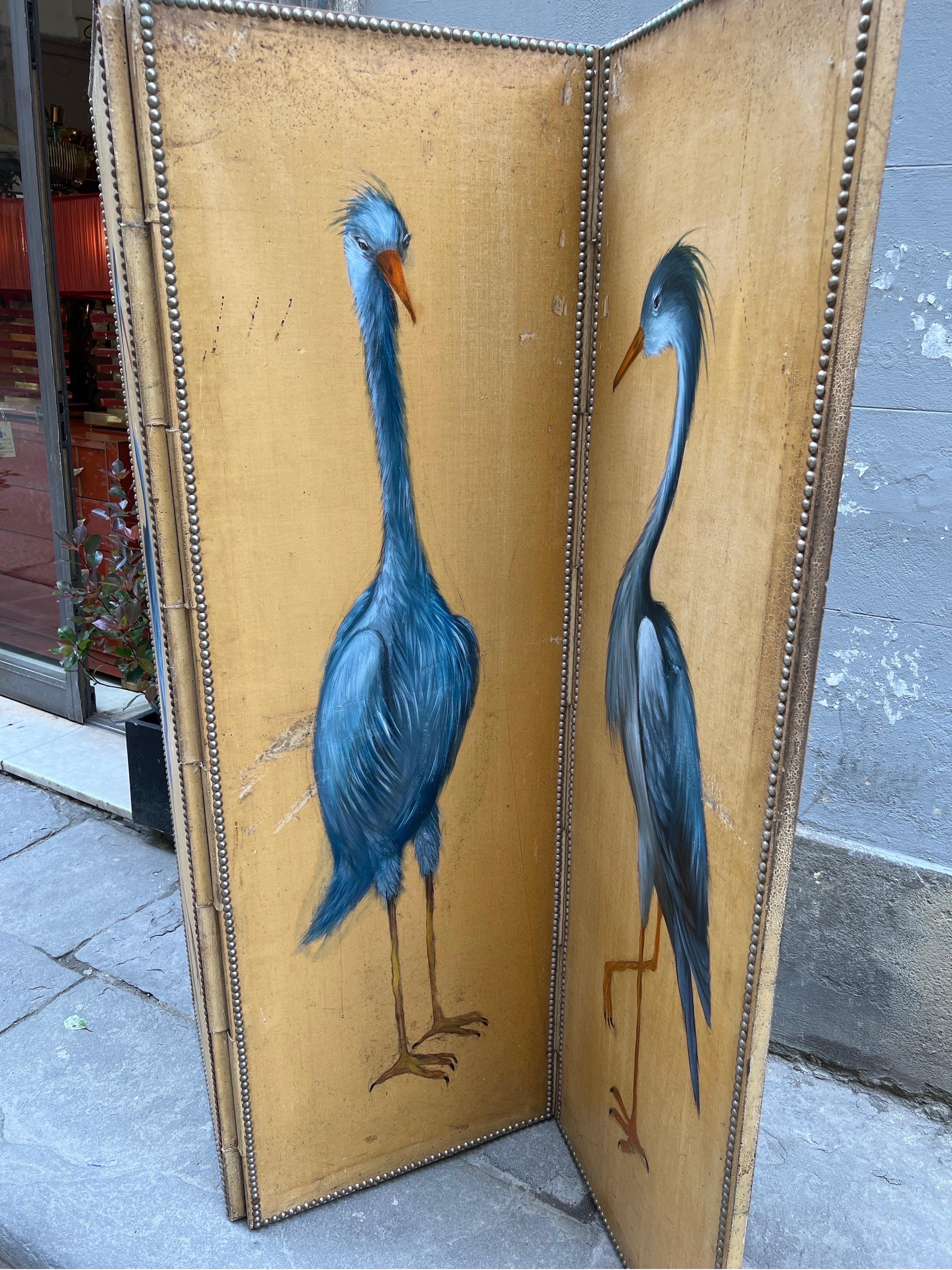 Antique Screen with Blue Heron with Three Doors, Oil on Canvas Late 19th Century 5