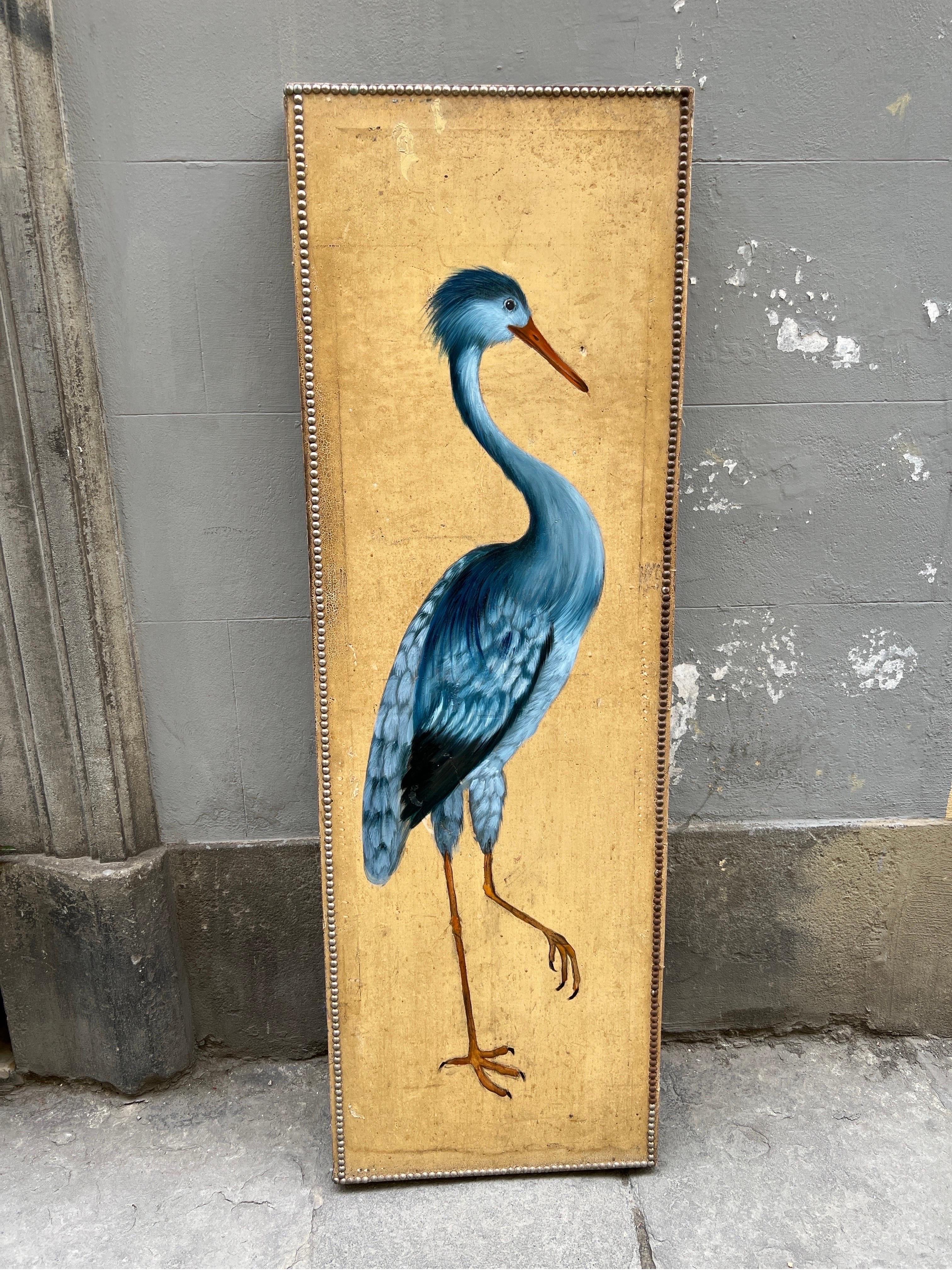 Antique Screen with Blue Heron with Three Doors, Oil on Canvas Late 19th Century 6