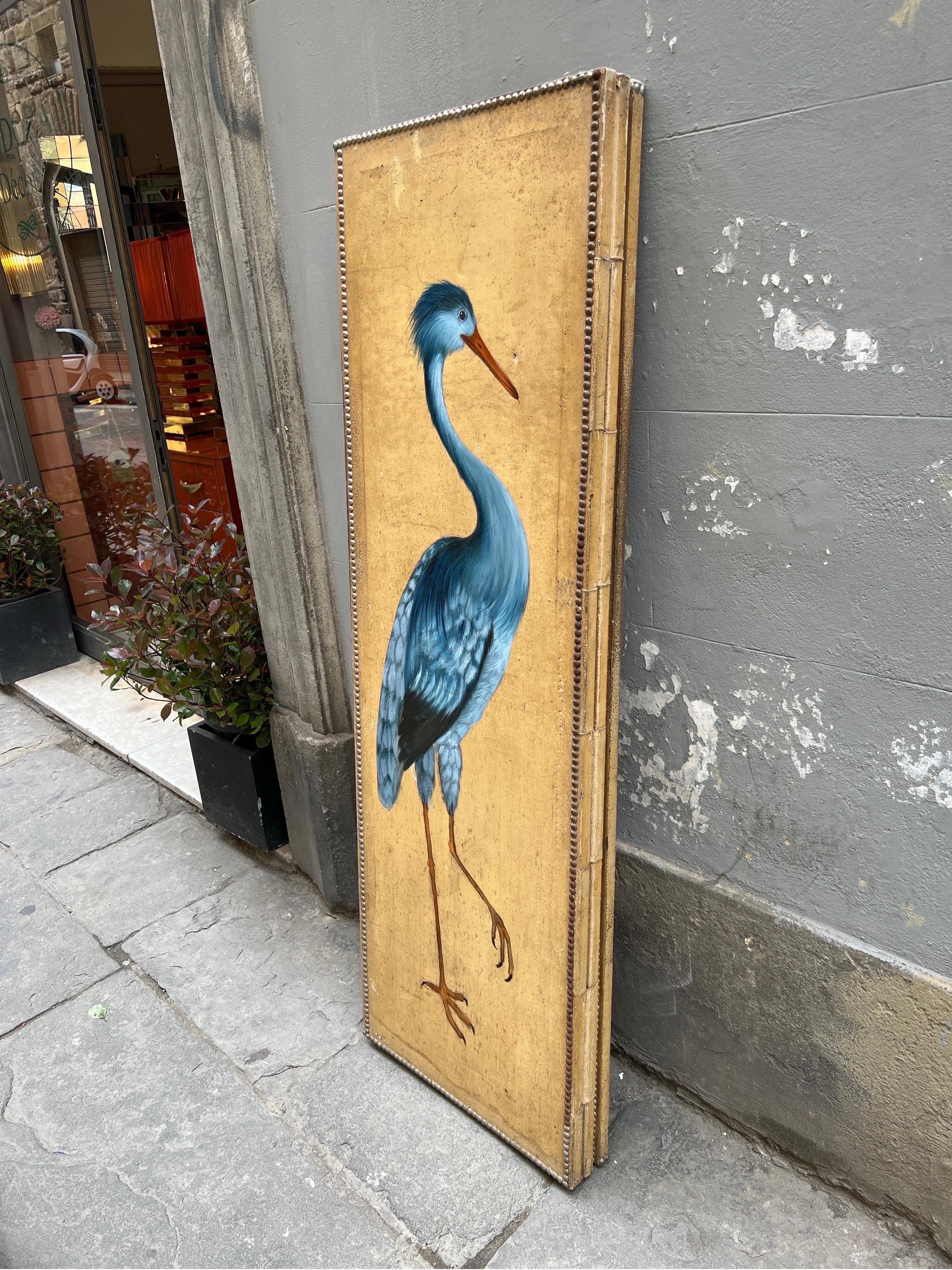 Antique Screen with Blue Heron with Three Doors, Oil on Canvas Late 19th Century 7