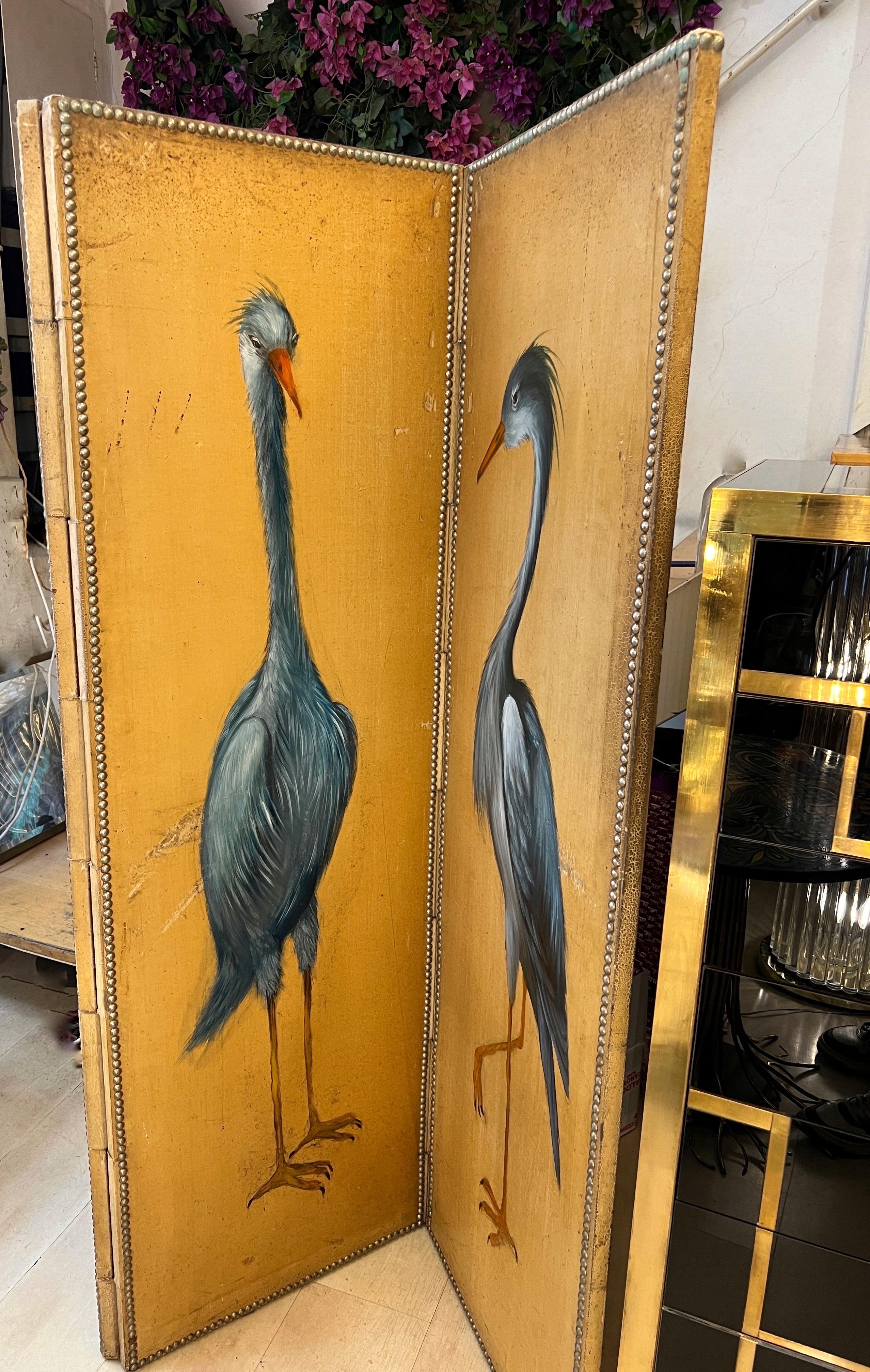 Antique Screen with Blue Heron with Three Doors, Oil on Canvas Late 19th Century 9