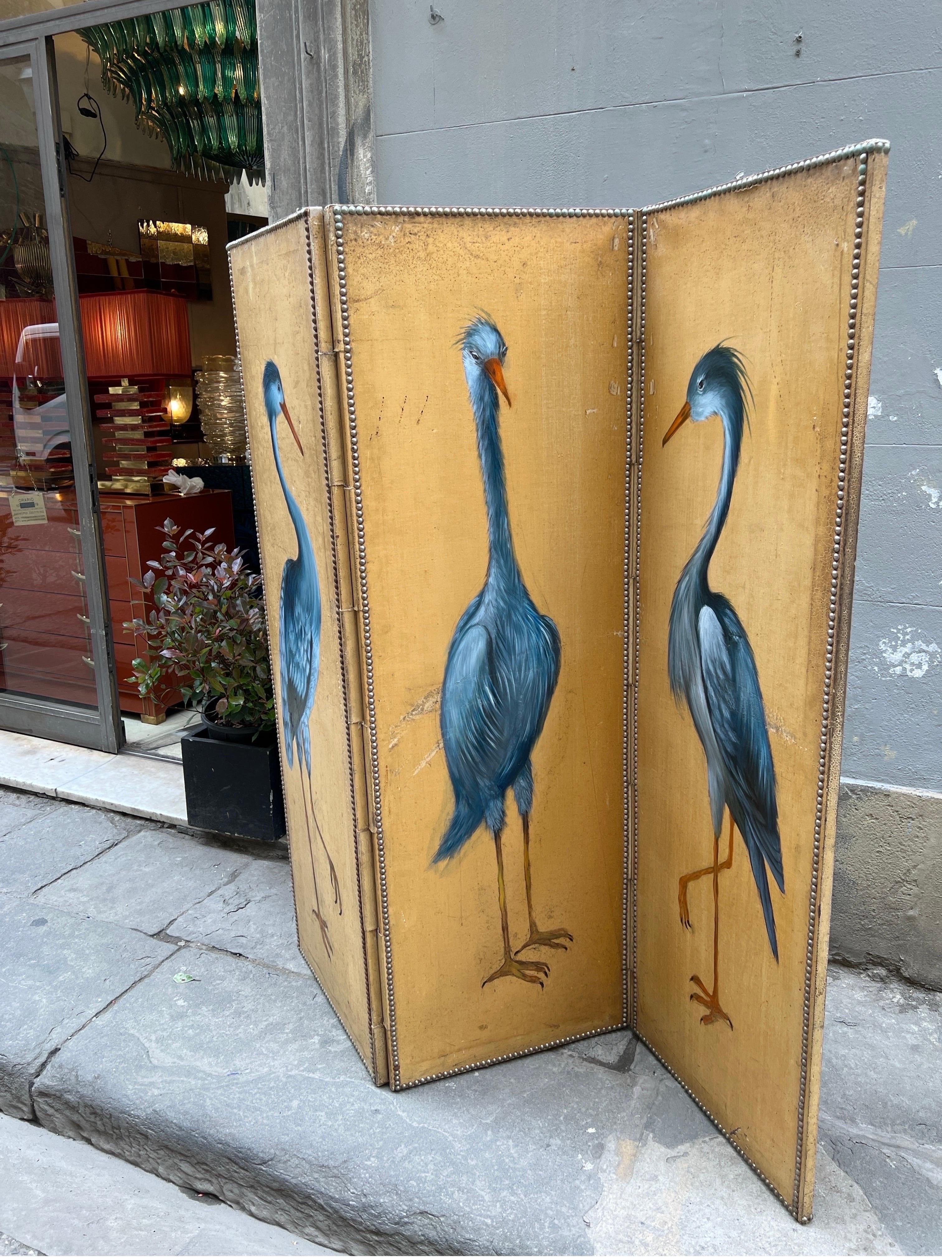 Baroque Revival Antique Screen with Blue Heron with Three Doors, Oil on Canvas Late 19th Century