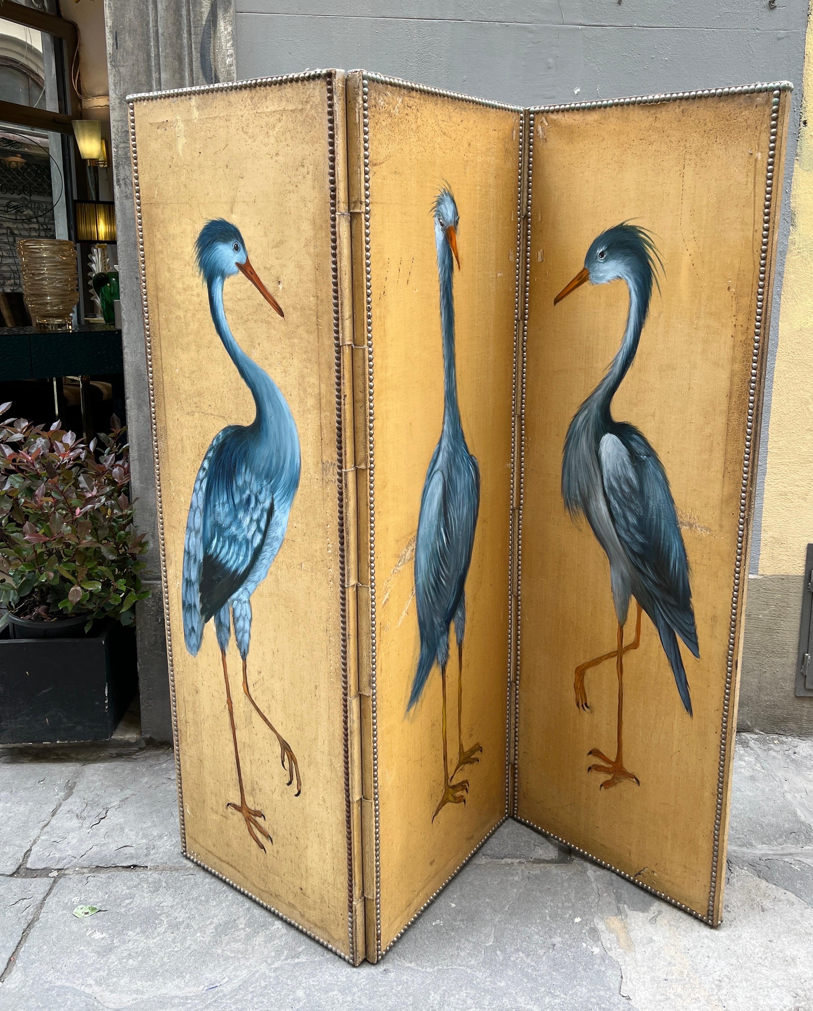 Italian Antique Screen with Blue Heron with Three Doors, Oil on Canvas Late 19th Century