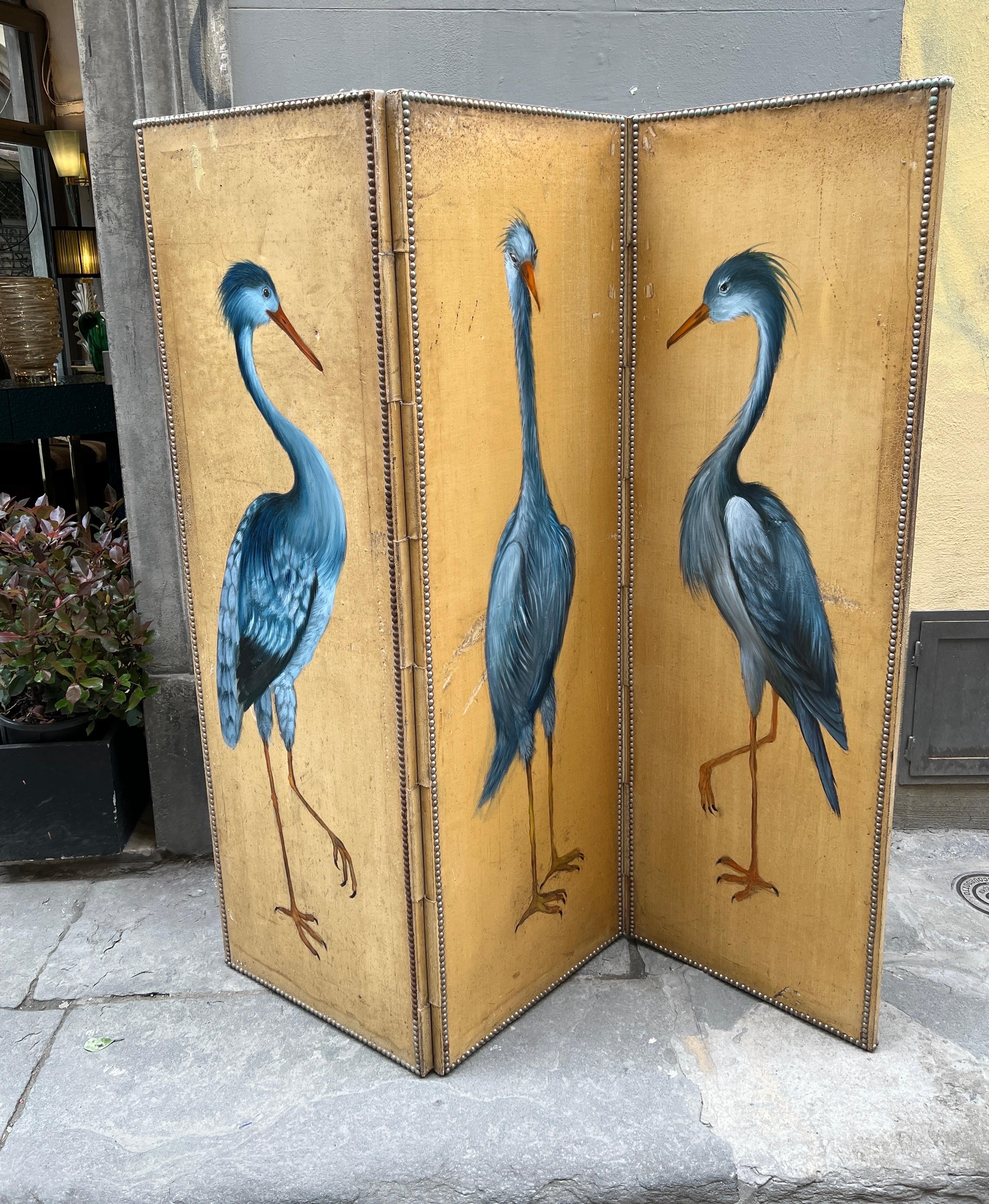 Antique Screen with Blue Heron with Three Doors, Oil on Canvas Late 19th Century In Good Condition In Florence, IT