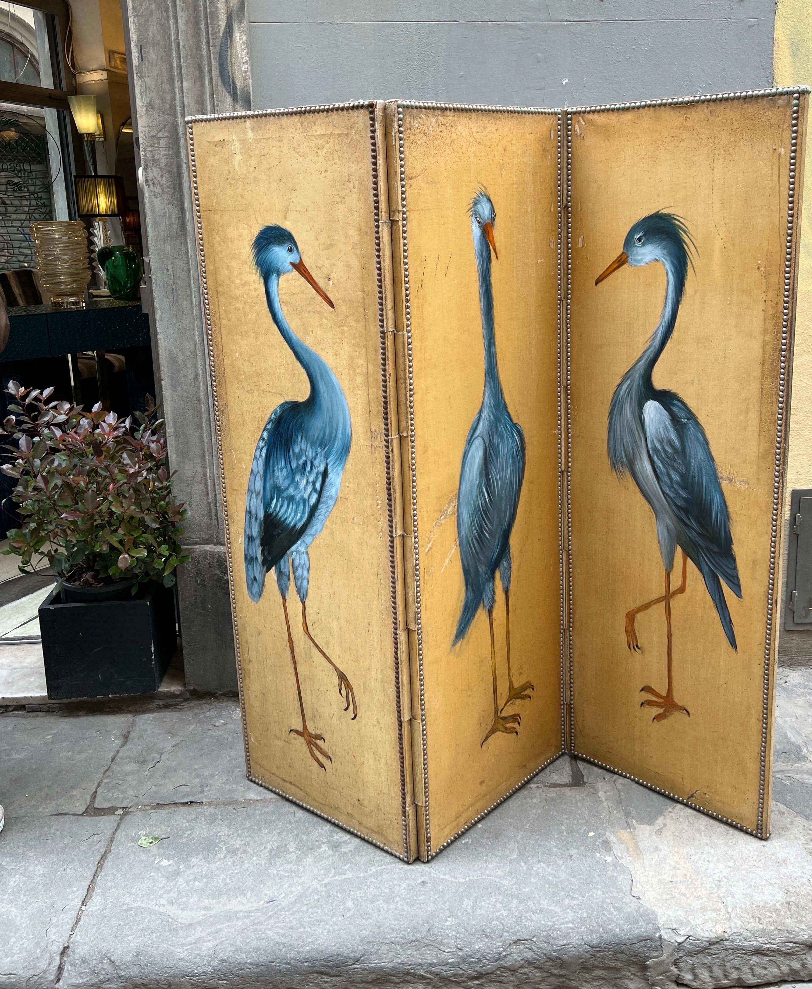 Brass Antique Screen with Blue Heron with Three Doors, Oil on Canvas Late 19th Century