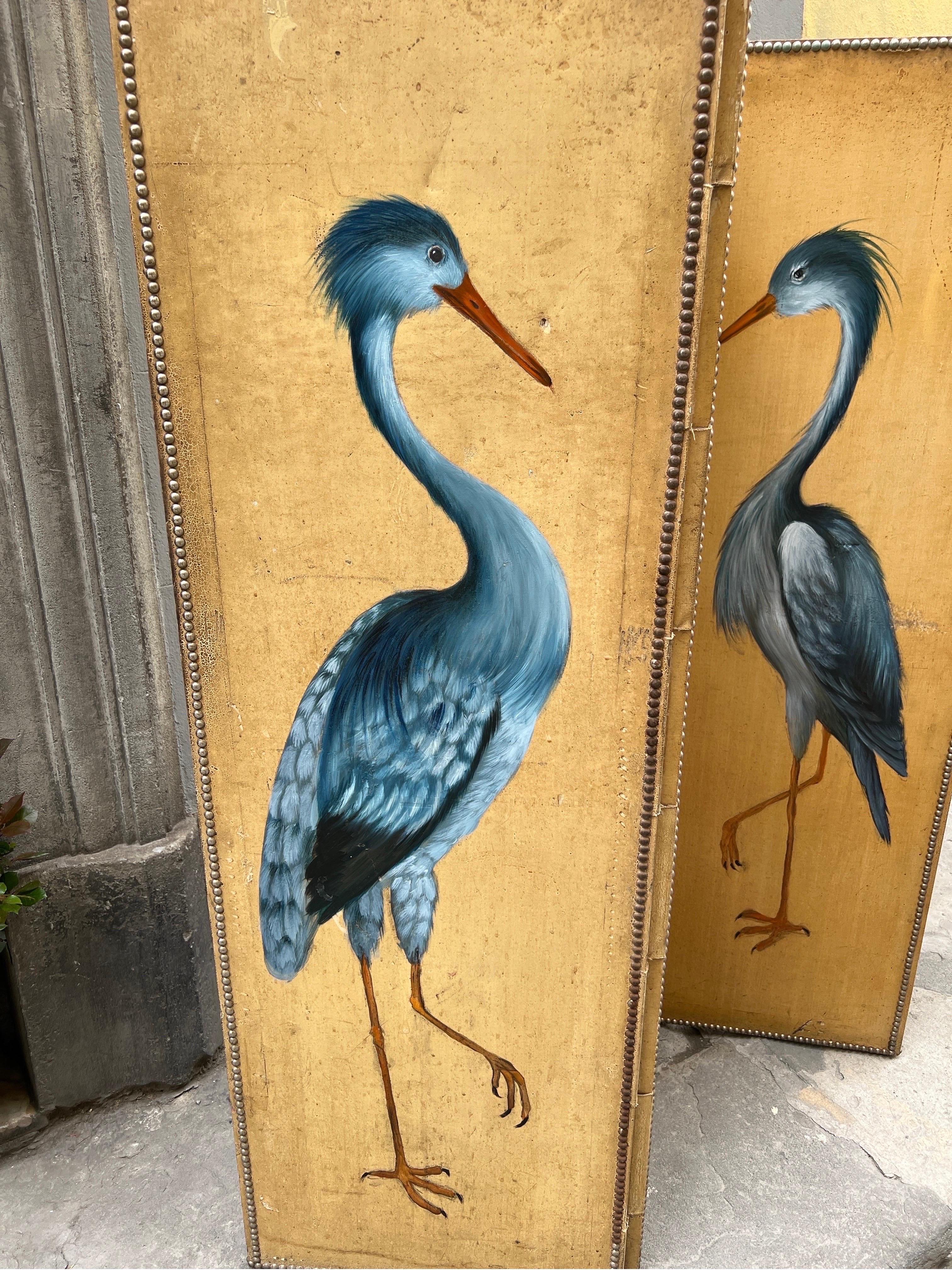 Antique Screen with Blue Heron with Three Doors, Oil on Canvas Late 19th Century 1