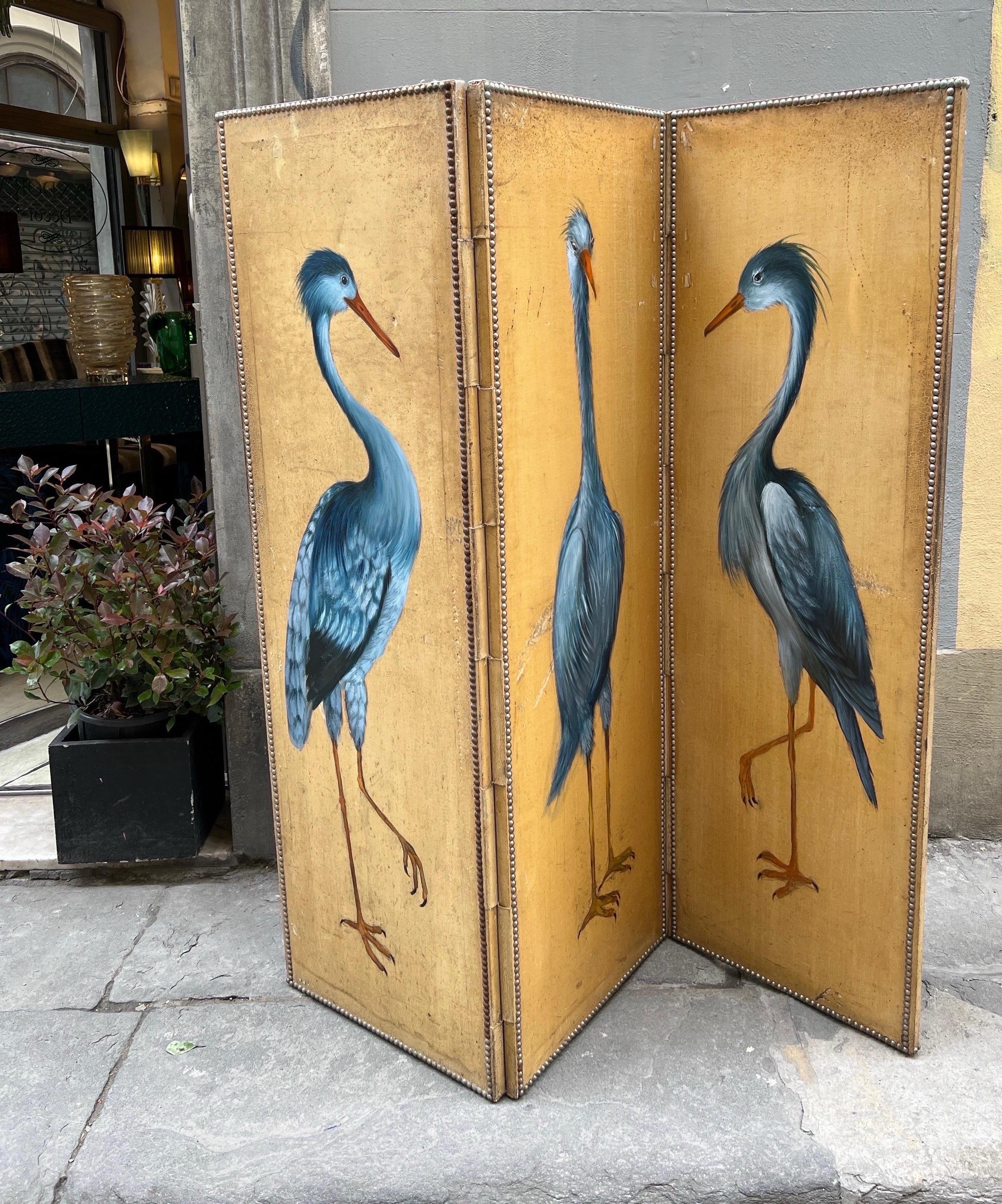 Antique Screen with Blue Heron with Three Doors, Oil on Canvas Late 19th Century 2