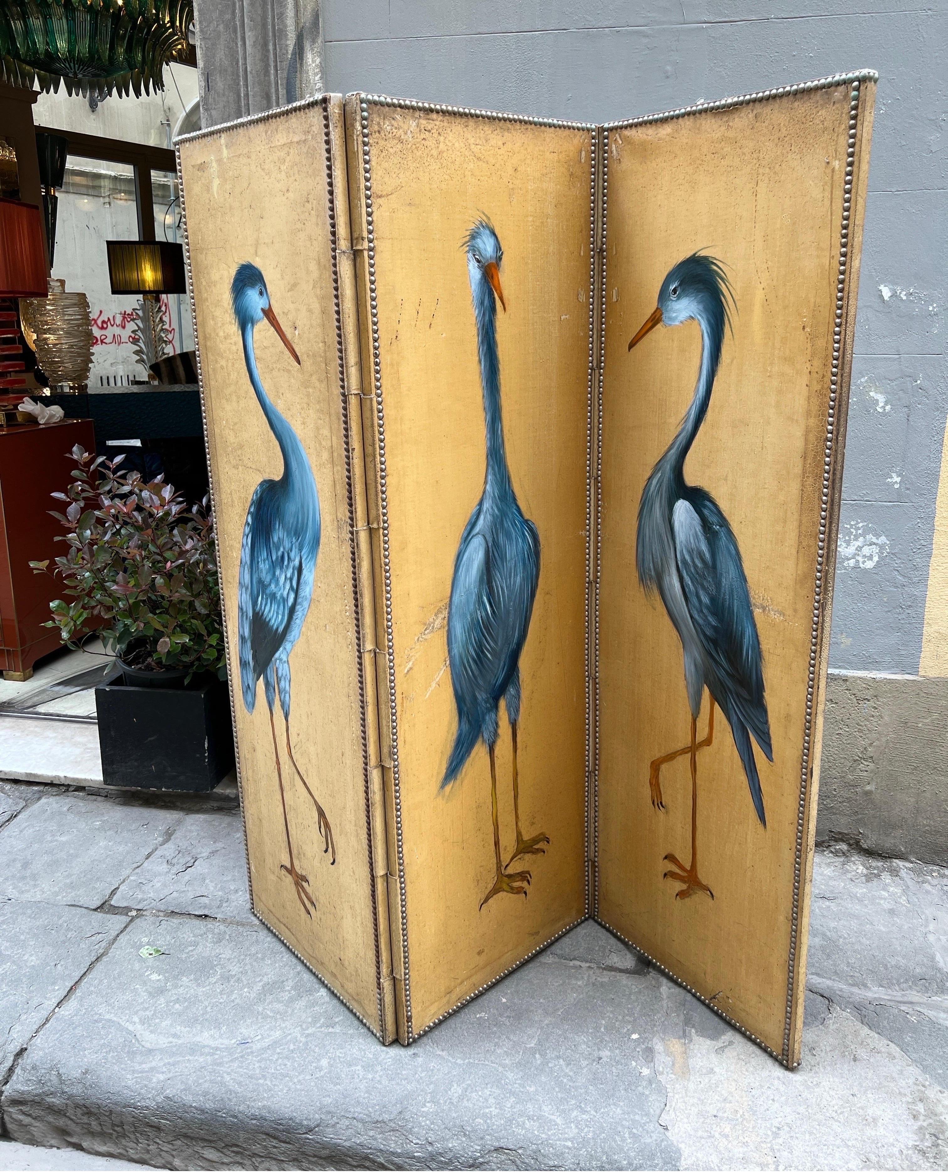 Antique Screen with Blue Heron with Three Doors, Oil on Canvas Late 19th Century 3