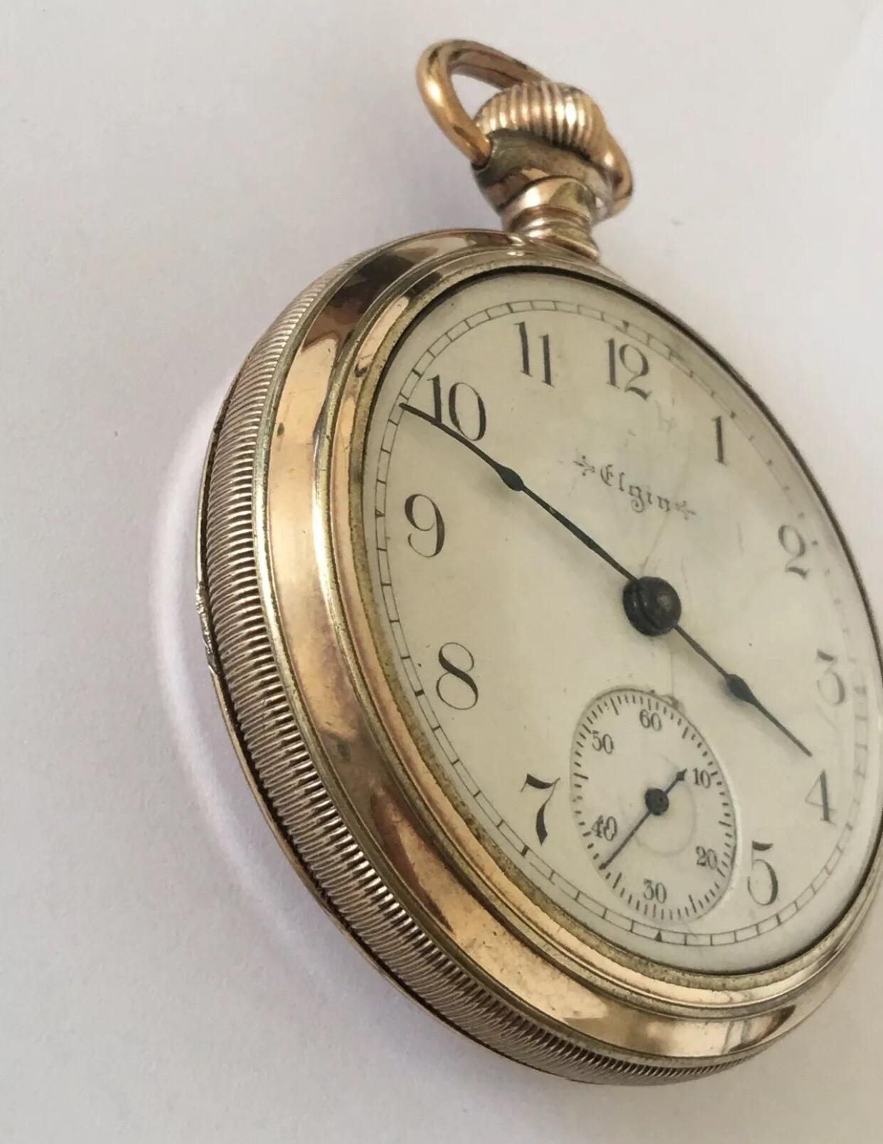 Antique Screw Back Gold-Plated Pocket Watch Signed Elgin Nat’l Watch Co. USA For Sale 1