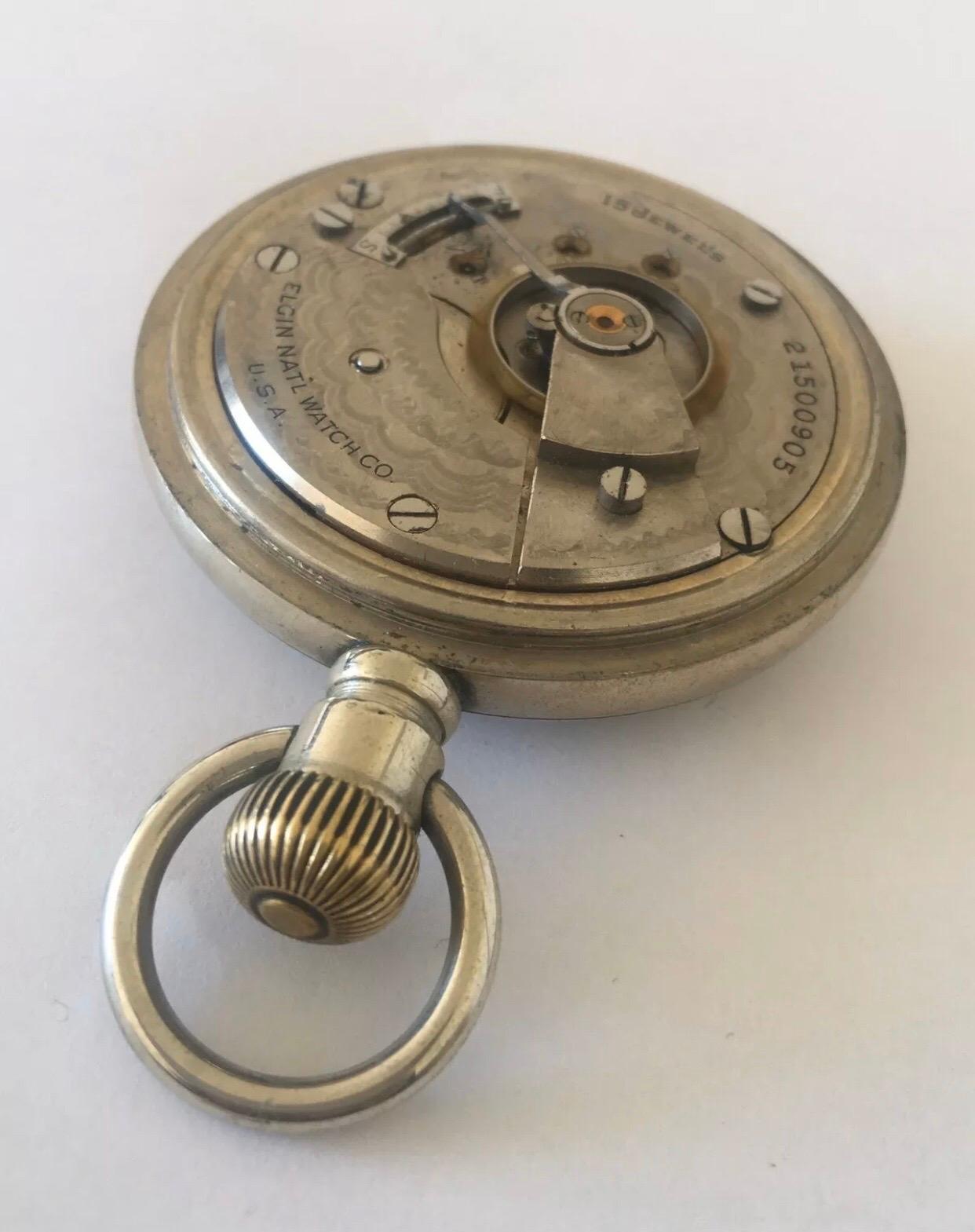 Antique Screw Back Silver Nickel Pocket Watch Signed Elgin Nat’l Watch Co. U.S.A 4