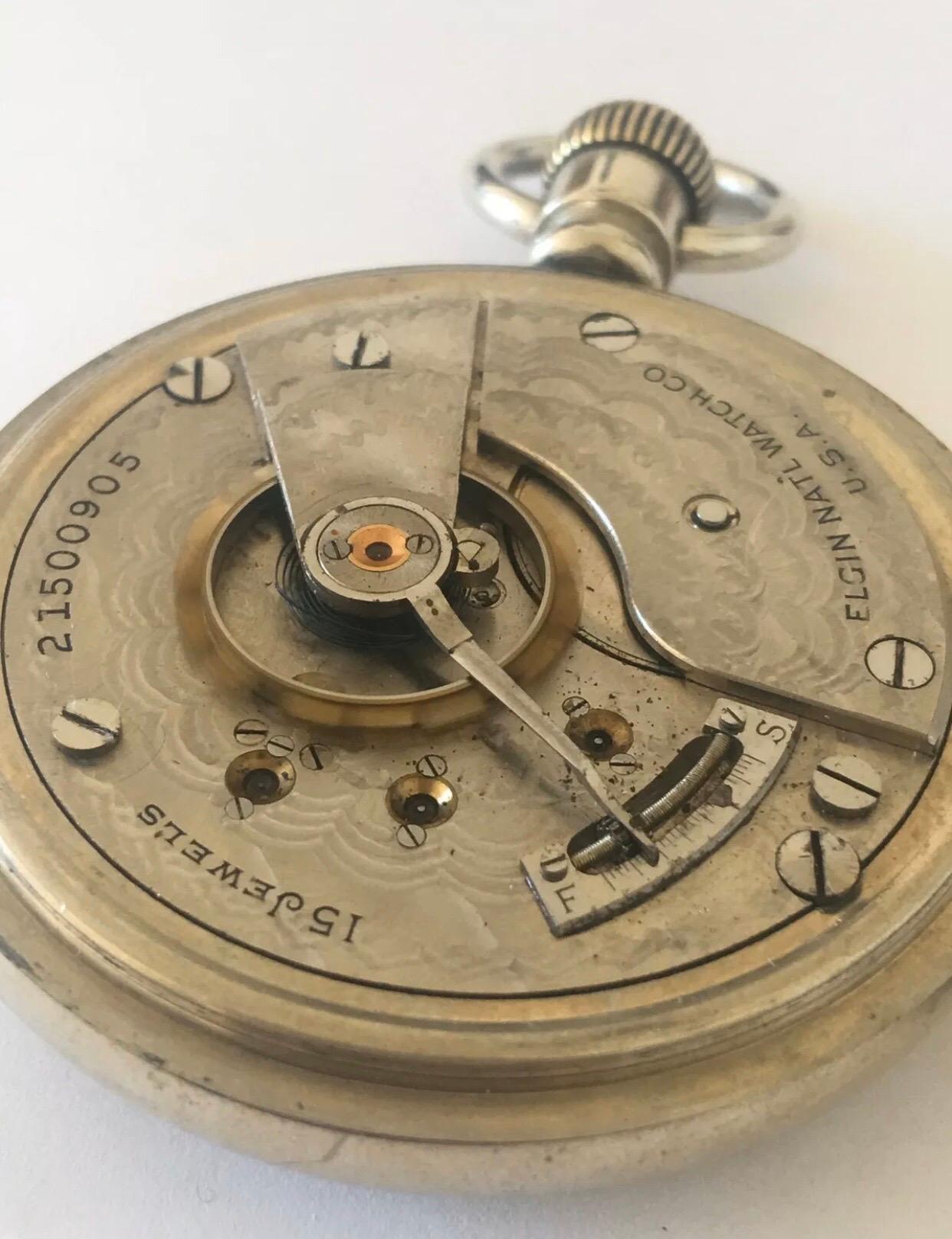 Antique Screw Back Silver Nickel Pocket Watch Signed Elgin Nat’l Watch Co. U.S.A In Good Condition In Carlisle, GB