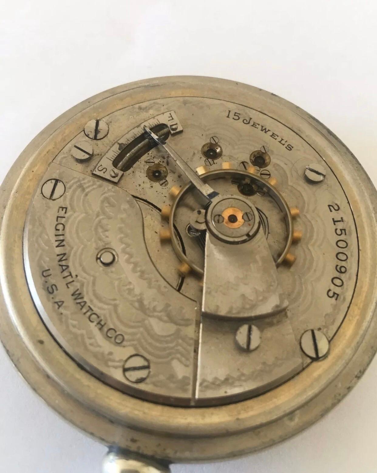 Women's or Men's Antique Screw Back Silver Nickel Pocket Watch Signed Elgin Nat’l Watch Co. U.S.A