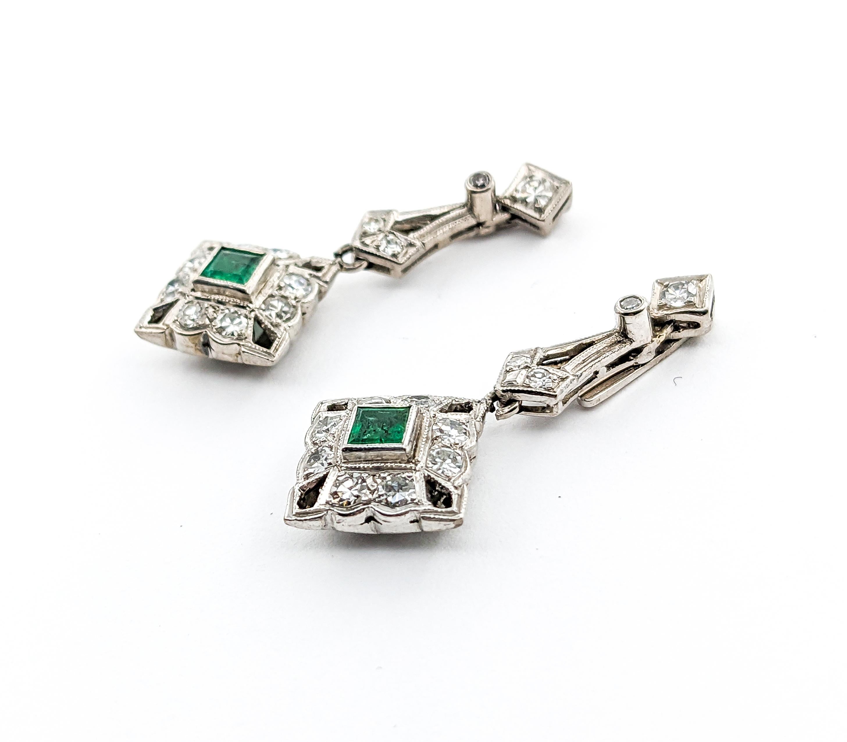 Antique Screwback Emerald & Diamond Dangle Earrings For Sale 5