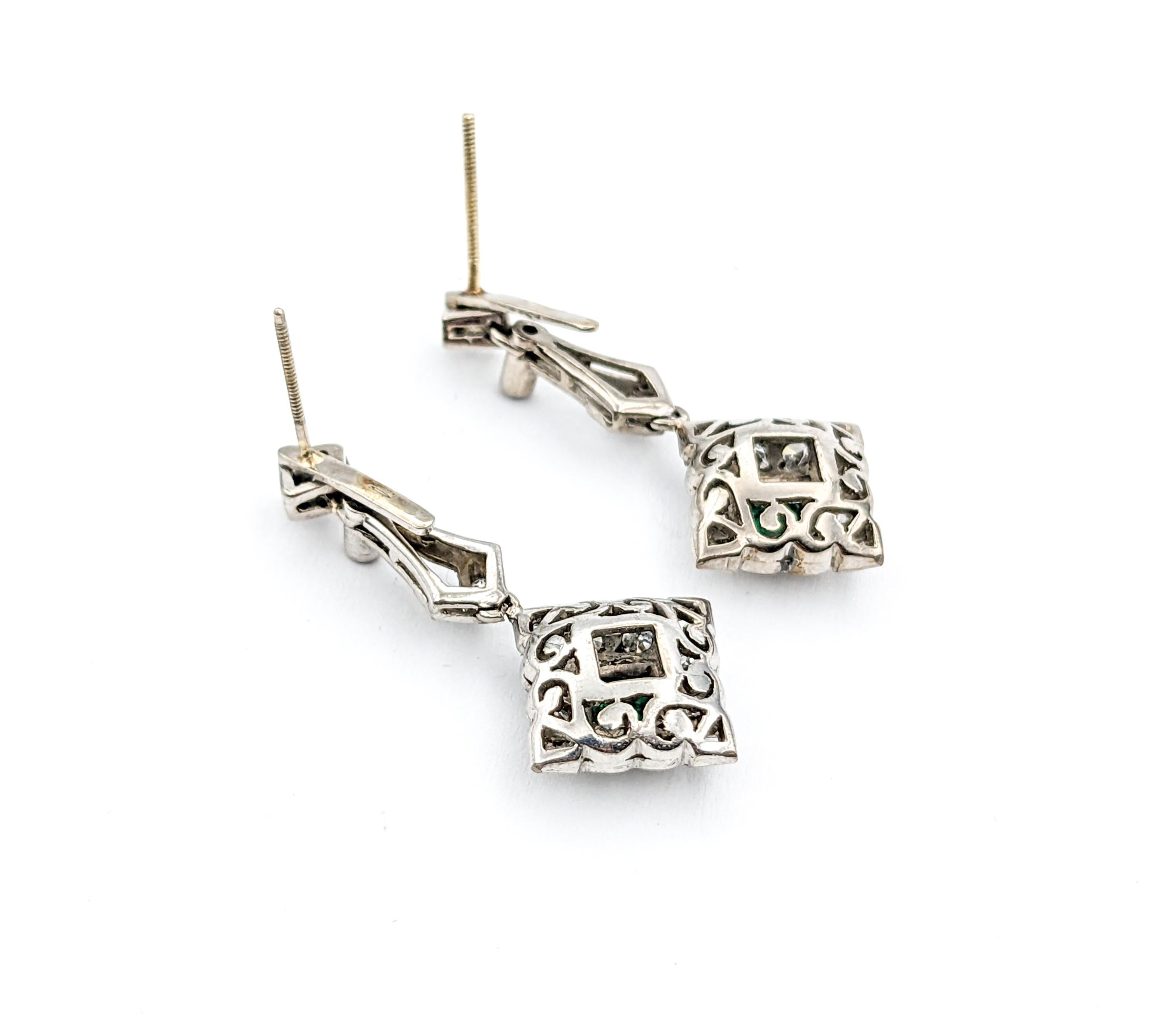Art Deco Antique Screwback Emerald & Diamond Dangle Earrings For Sale