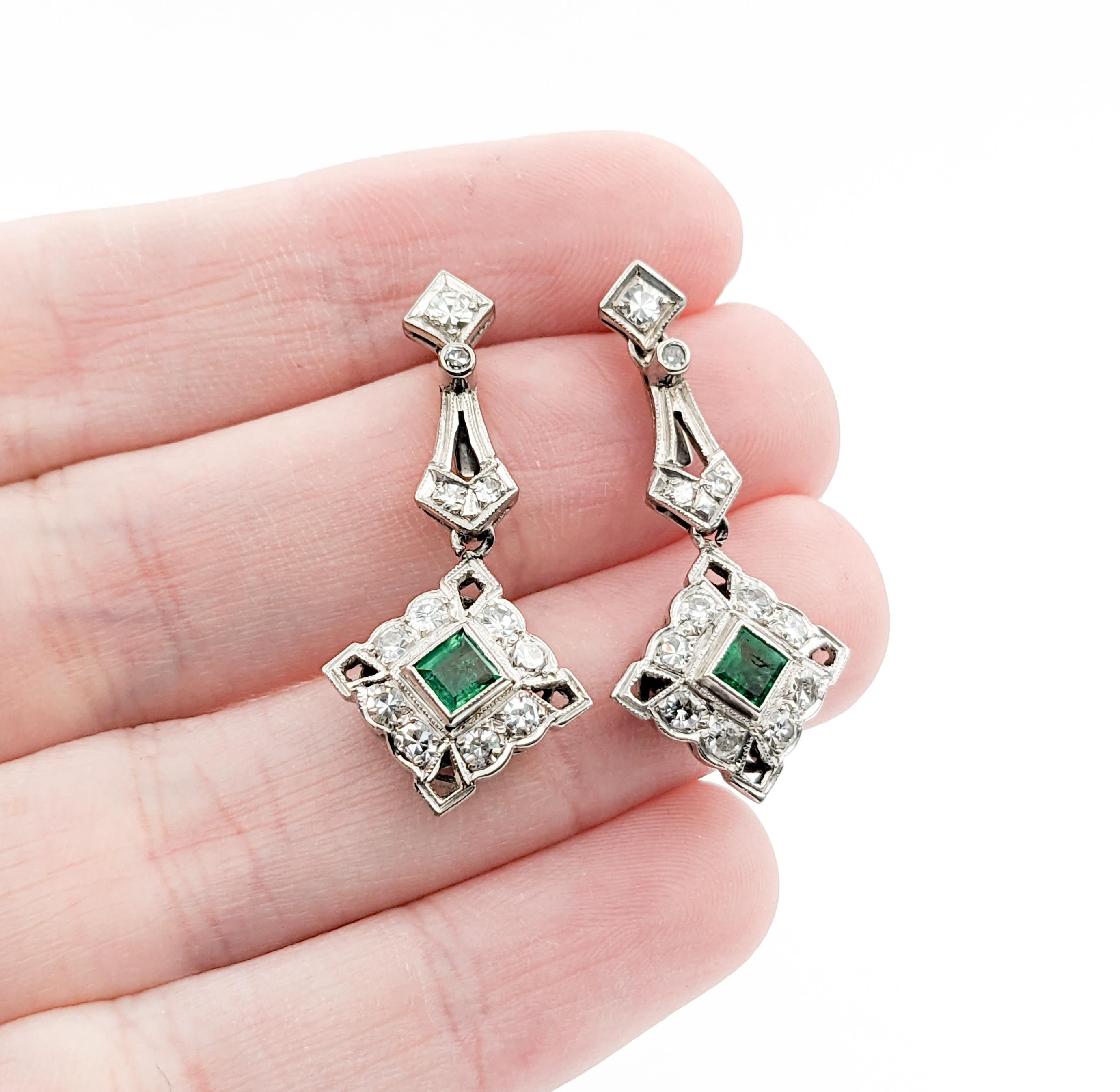 Round Cut Antique Screwback Emerald & Diamond Dangle Earrings For Sale
