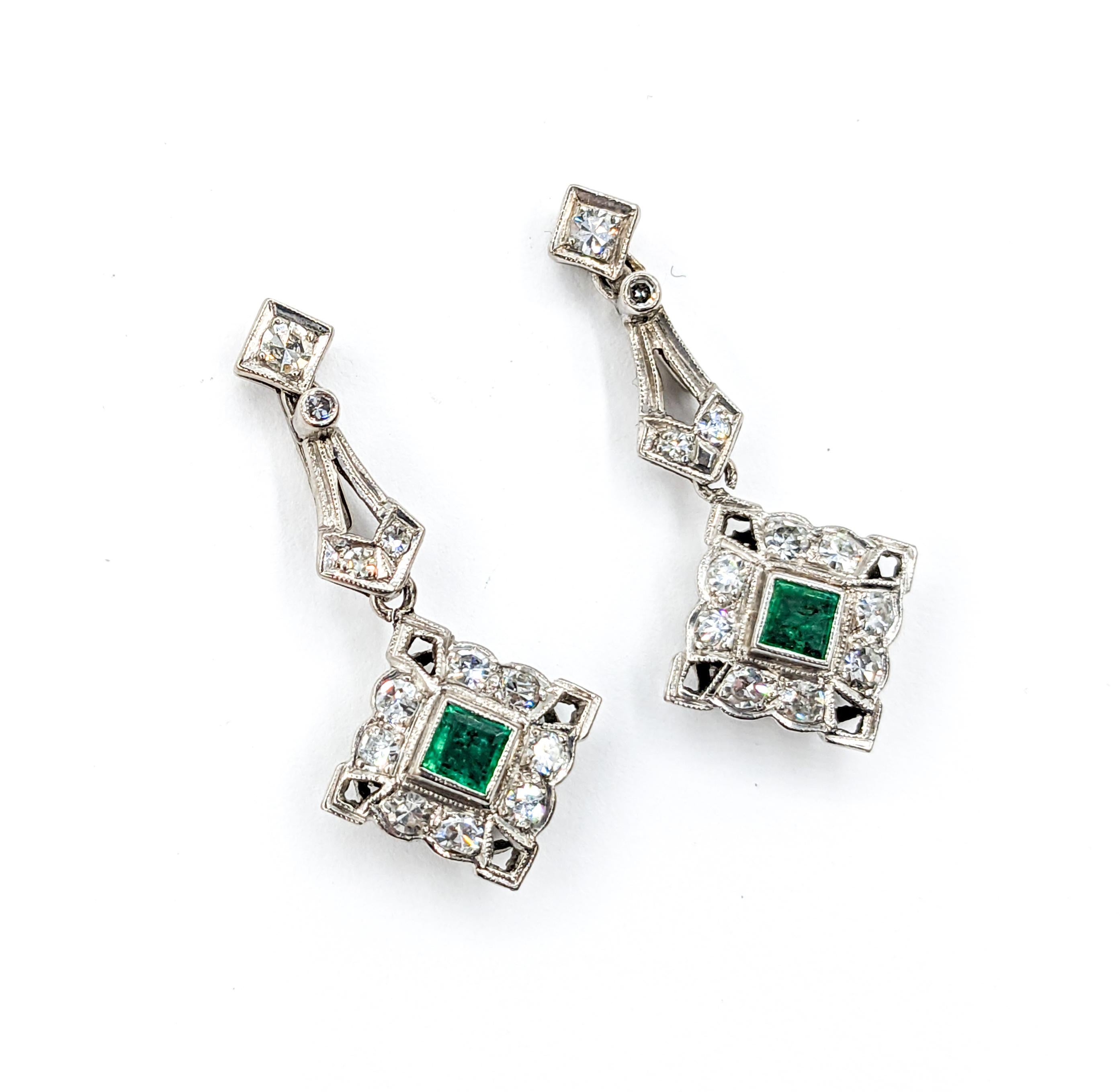 Women's Antique Screwback Emerald & Diamond Dangle Earrings For Sale
