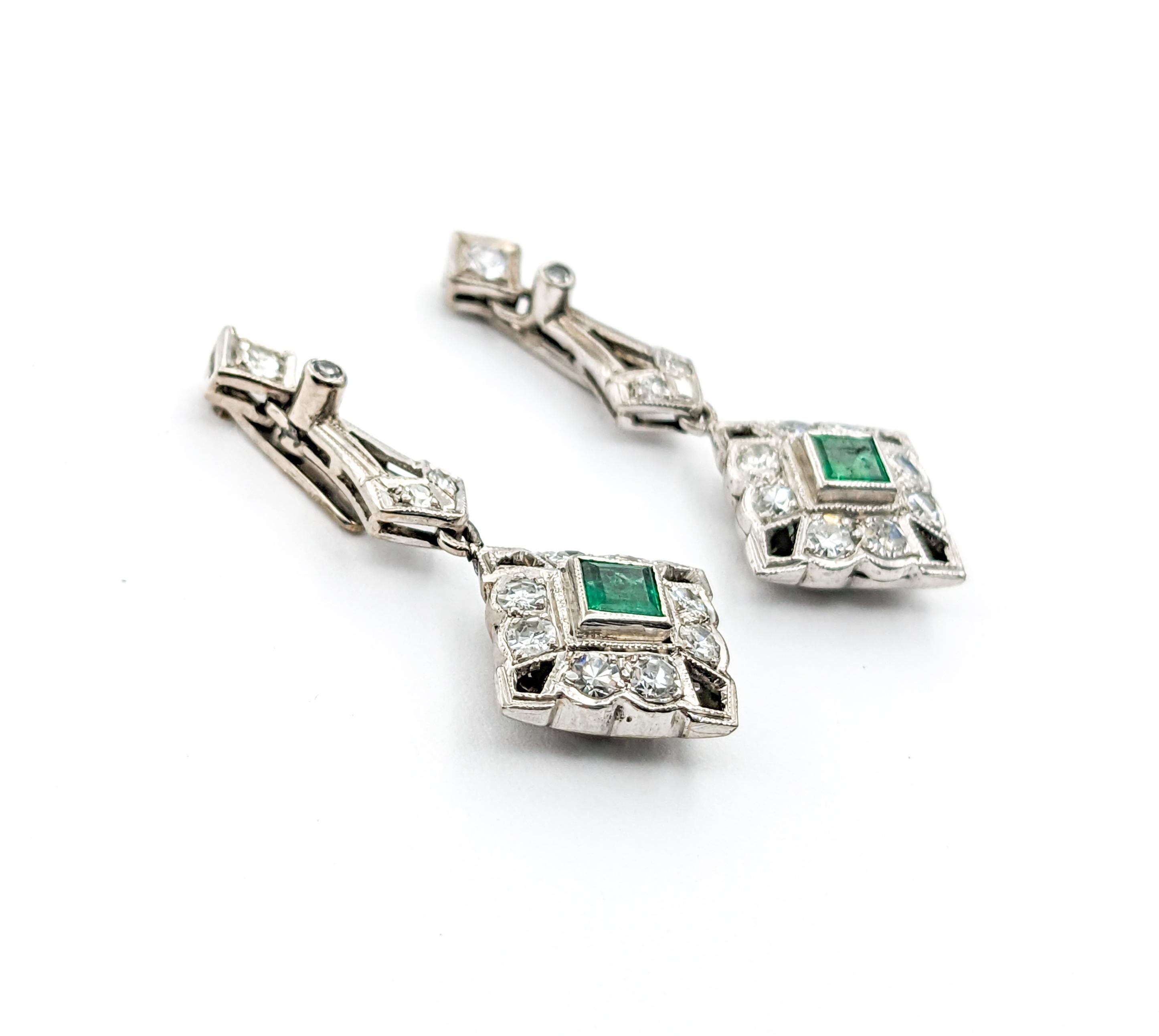 Antique Screwback Emerald & Diamond Dangle Earrings For Sale 1