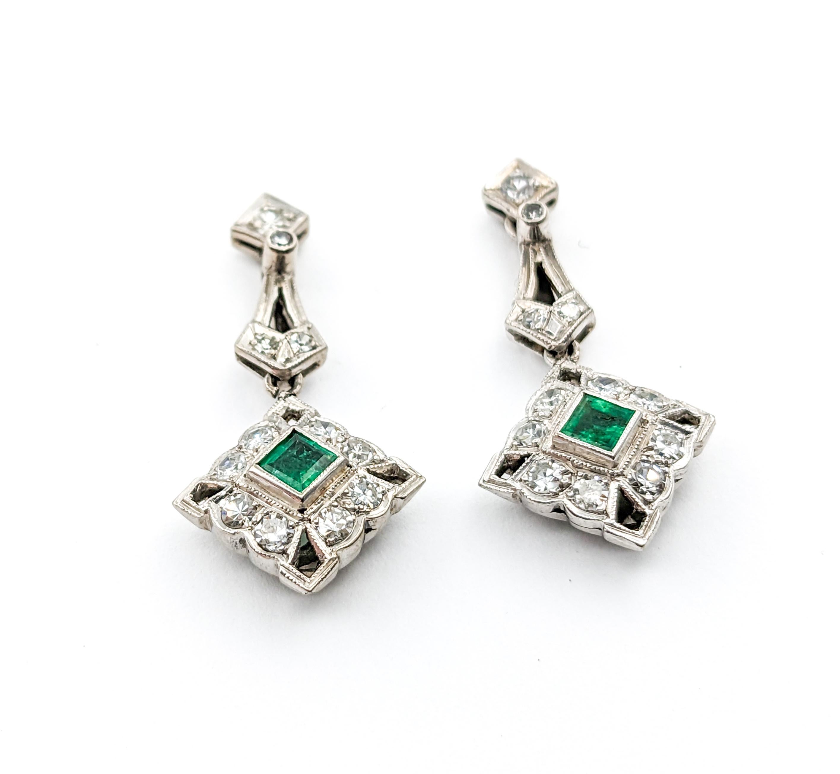 Antique Screwback Emerald & Diamond Dangle Earrings For Sale 2