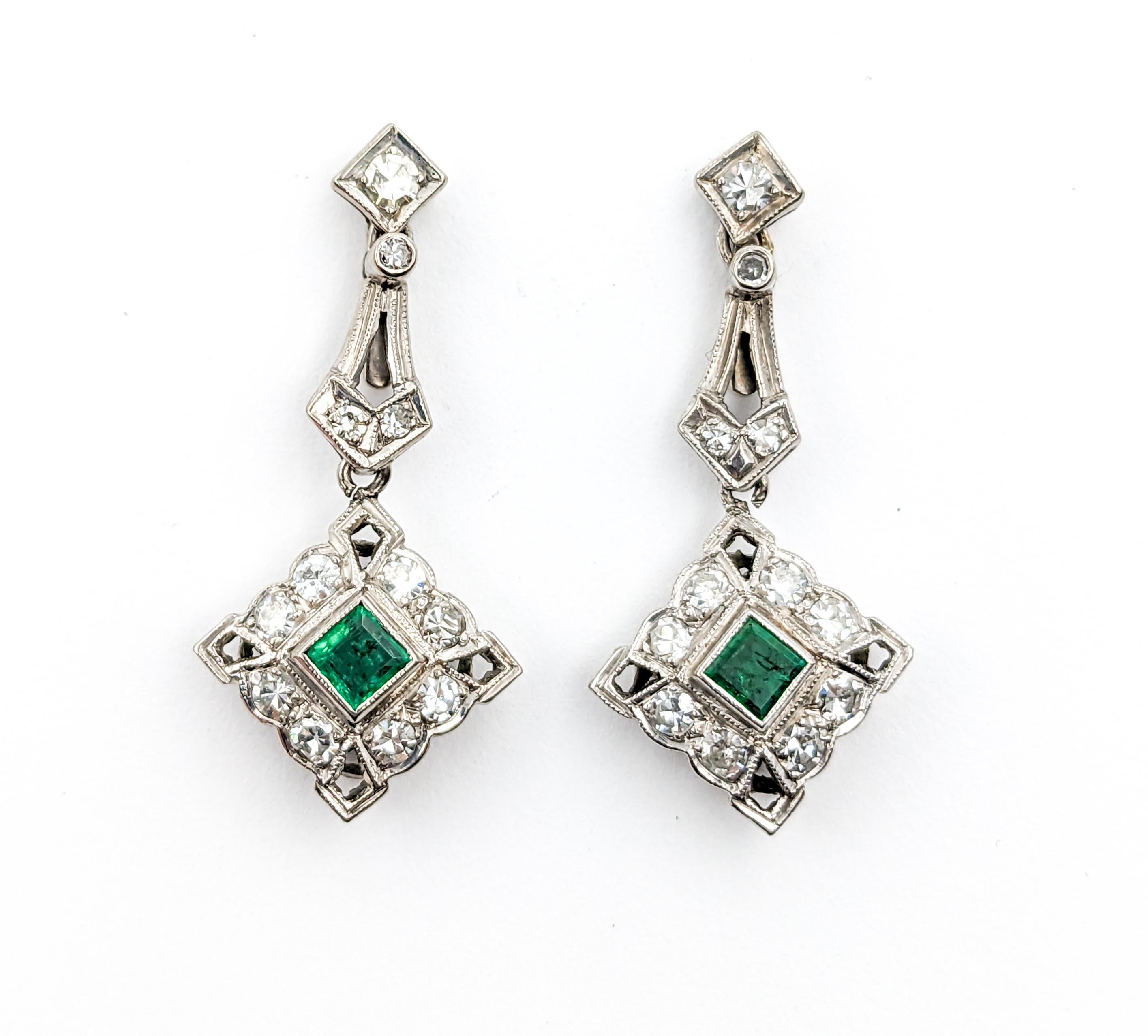 Antique Screwback Emerald & Diamond Dangle Earrings For Sale 3