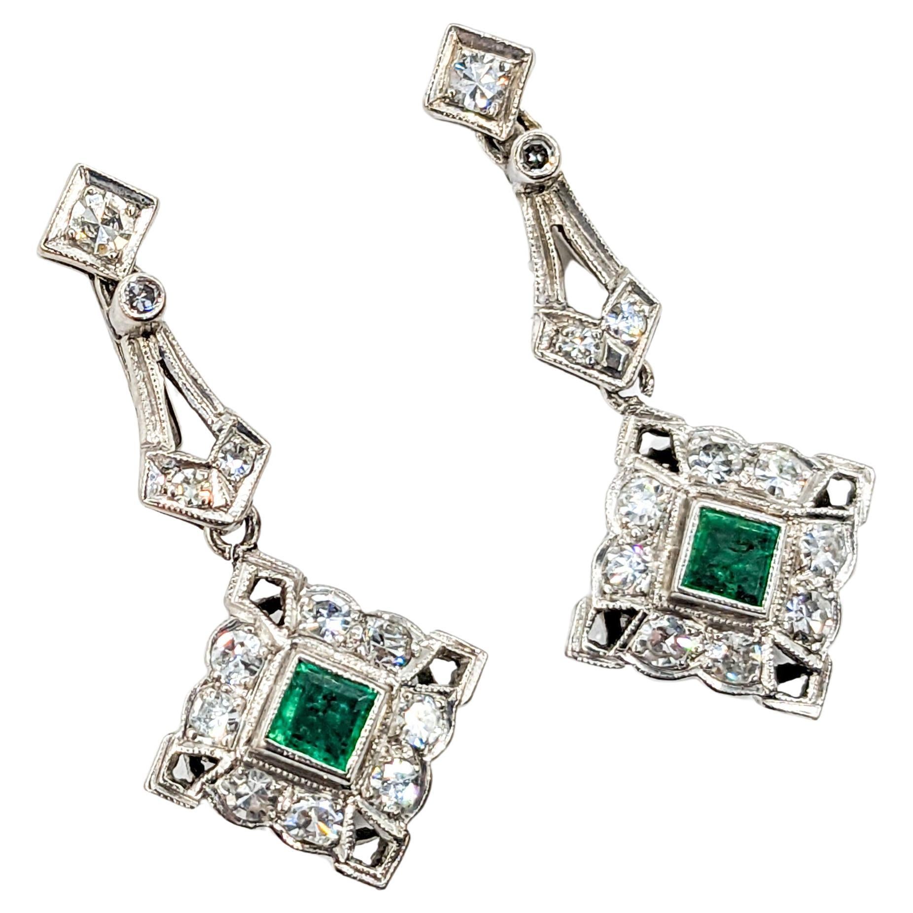 Antique Screwback Emerald & Diamond Dangle Earrings For Sale