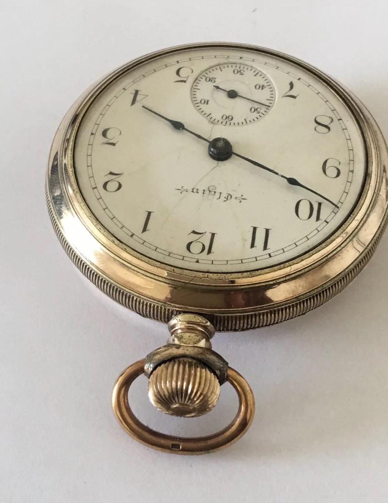 Antique Screw Back Gold-Plated Pocket Watch Signed Elgin Nat’l Watch Co. USA For Sale 3