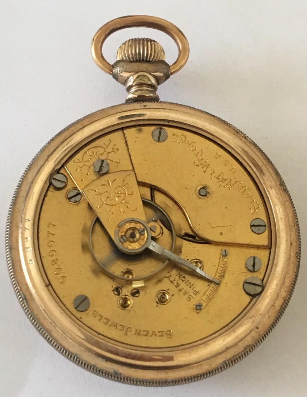 Antique Screw Back Gold-Plated Pocket Watch Signed Elgin Nat’l Watch Co. USA In Fair Condition For Sale In Carlisle, GB