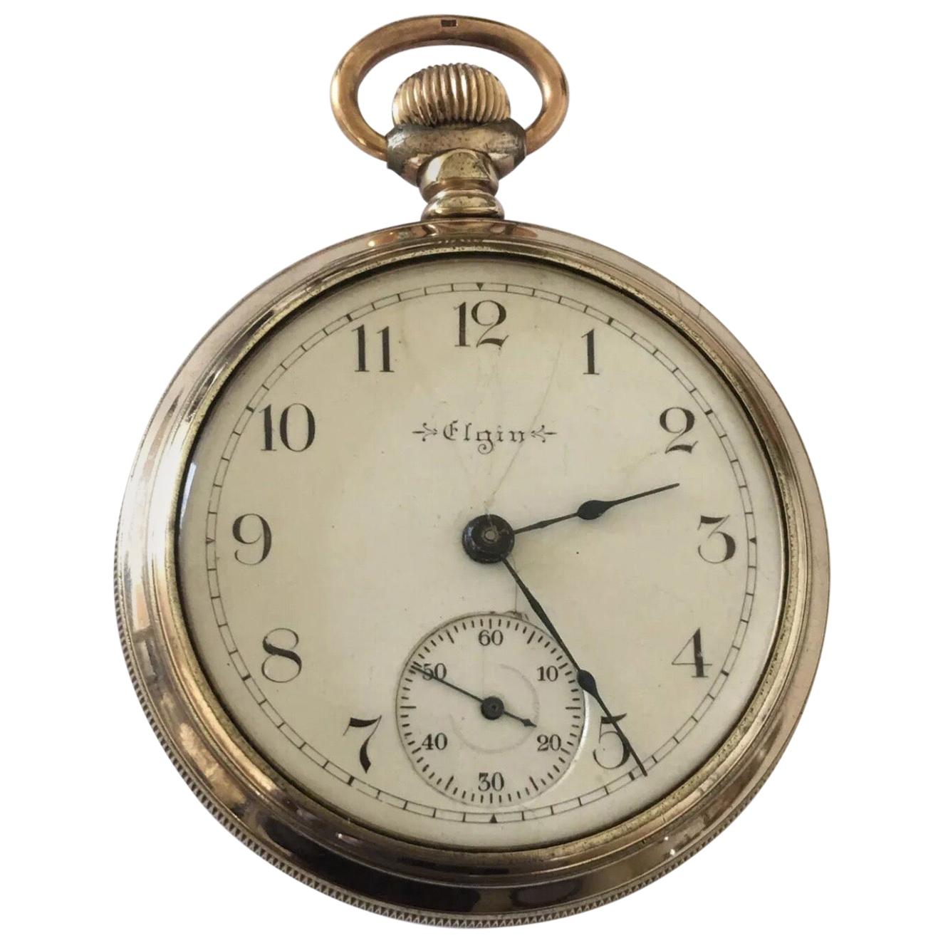 Antique Screw Back Gold-Plated Pocket Watch Signed Elgin Nat��’l Watch Co. USA For Sale