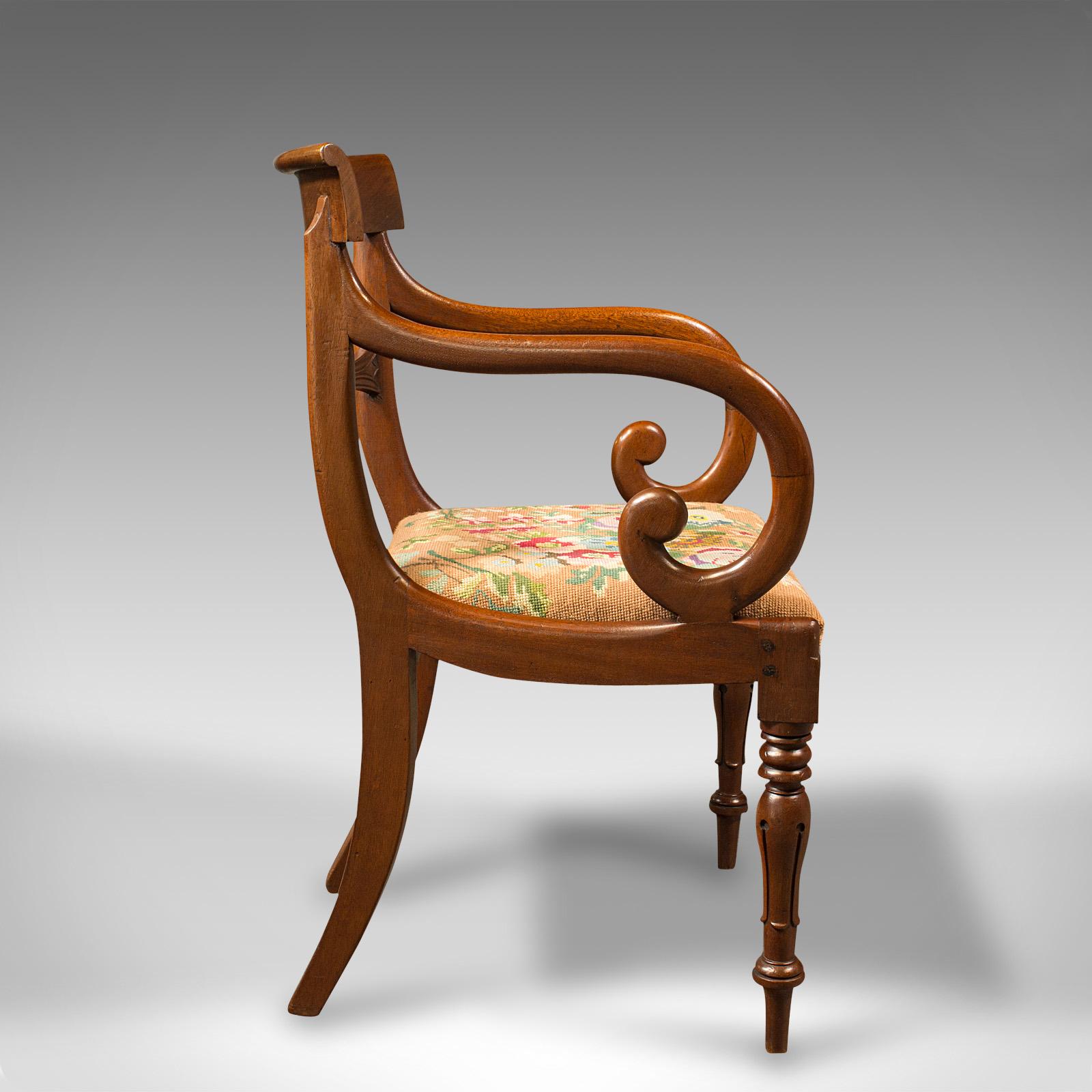 British Antique Scroll Arm Chair, English, Armchair, Desk, Needlepoint, Regency, C.1830 For Sale