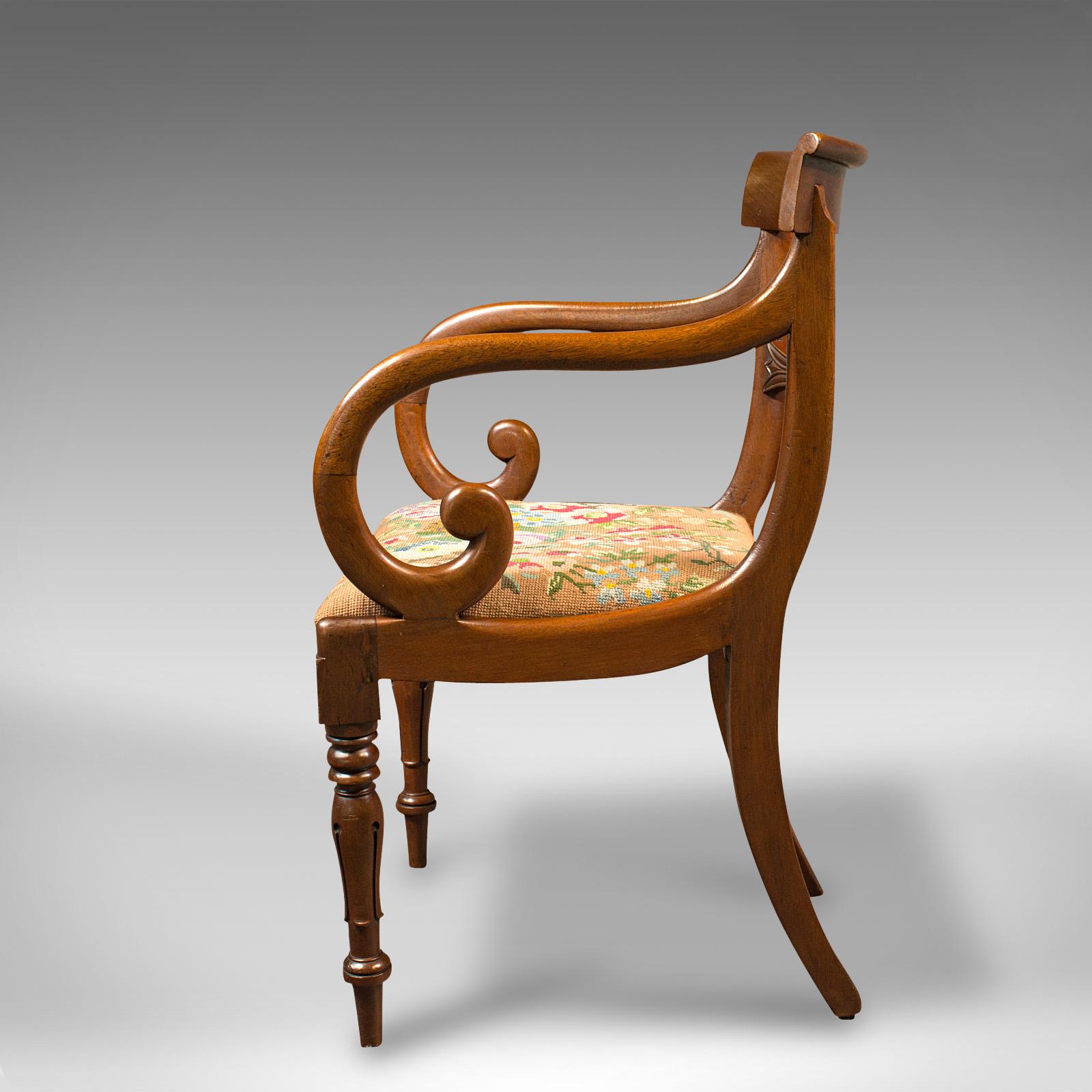 Antique Scroll Arm Chair, English, Armchair, Desk, Needlepoint, Regency, C.1830 In Good Condition For Sale In Hele, Devon, GB