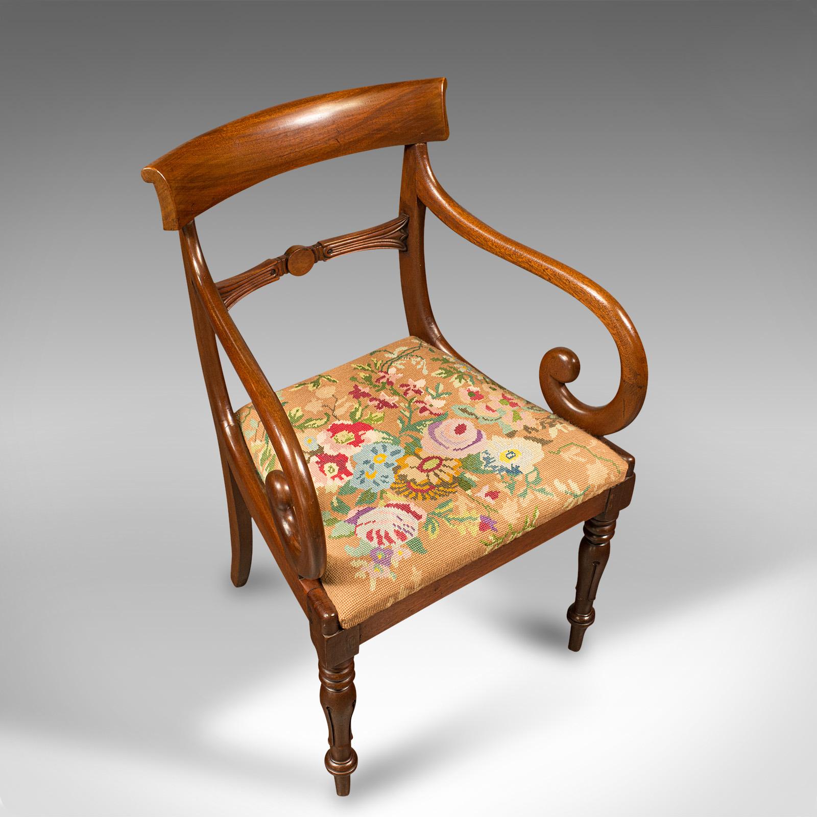 Wood Antique Scroll Arm Chair, English, Armchair, Desk, Needlepoint, Regency, C.1830 For Sale