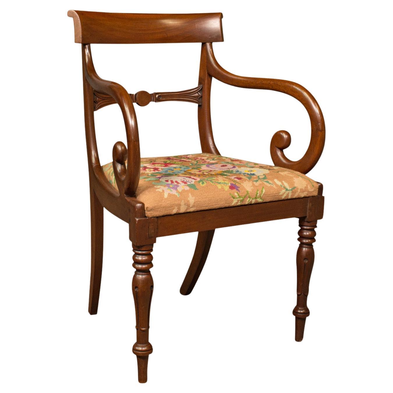 Fauteuil à volutes antique, anglais, fauteuil, bureau, broderie, Régence, C.1830 en vente