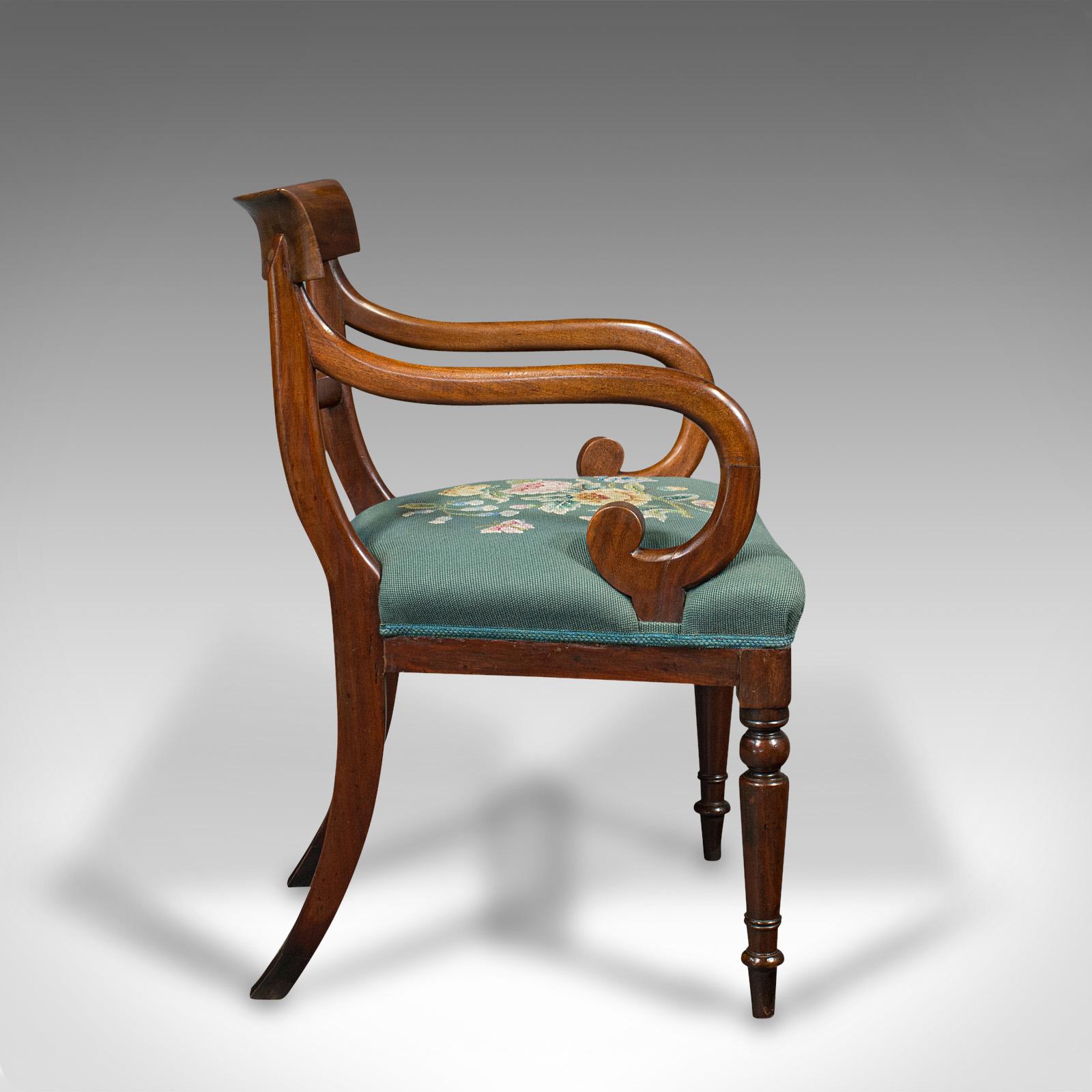 British Antique Scroll Arm Desk Chair, English, Armchair, Needlepoint, Regency, C.1820