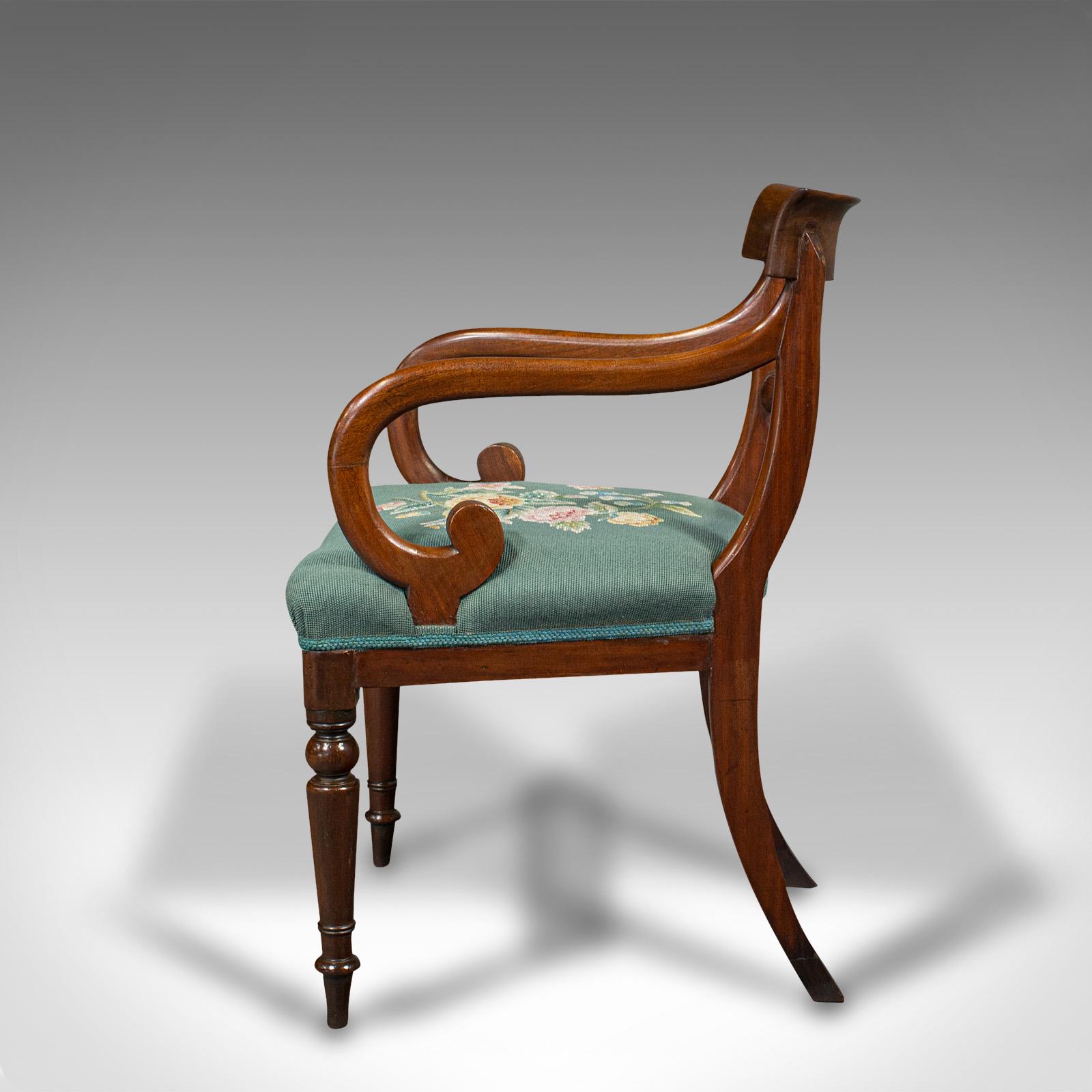 Antique Scroll Arm Desk Chair, English, Armchair, Needlepoint, Regency, C.1820 In Good Condition In Hele, Devon, GB
