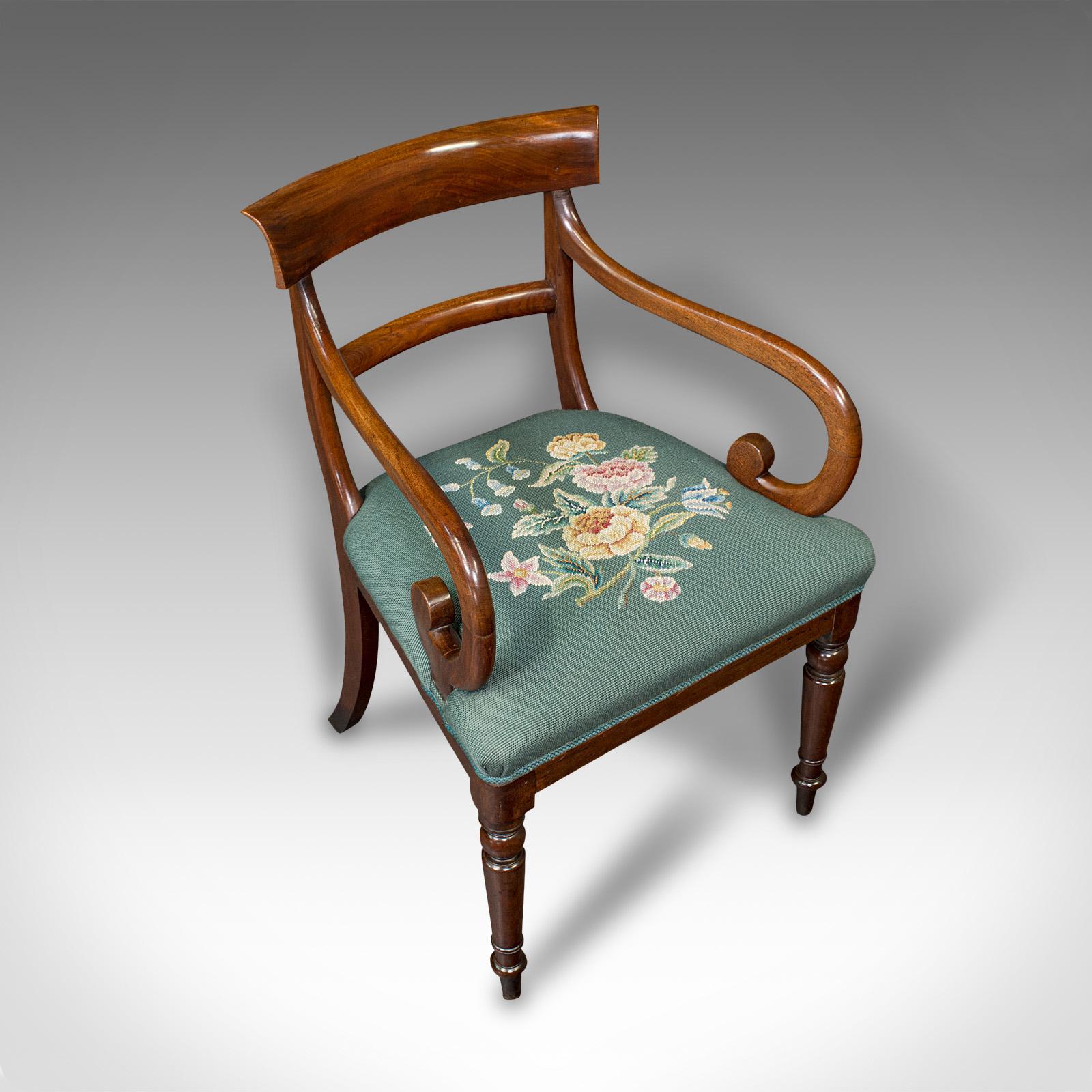 Wood Antique Scroll Arm Desk Chair, English, Armchair, Needlepoint, Regency, C.1820