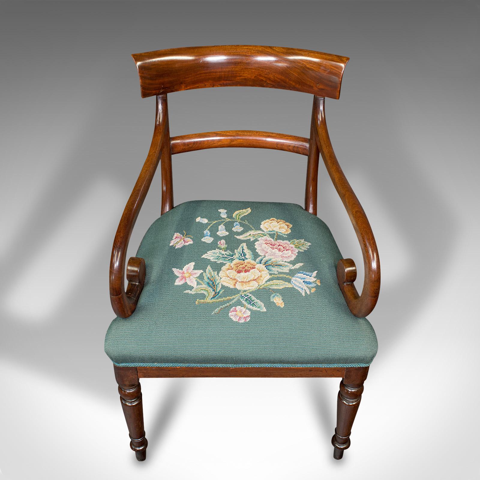 Antique Scroll Arm Desk Chair, English, Armchair, Needlepoint, Regency, C.1820 1