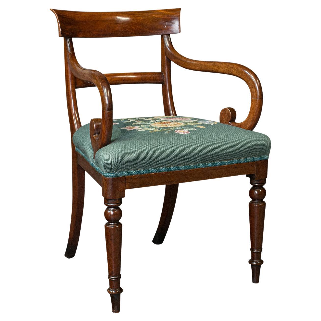 Antique Scroll Arm Desk Chair, English, Armchair, Needlepoint, Regency, C.1820