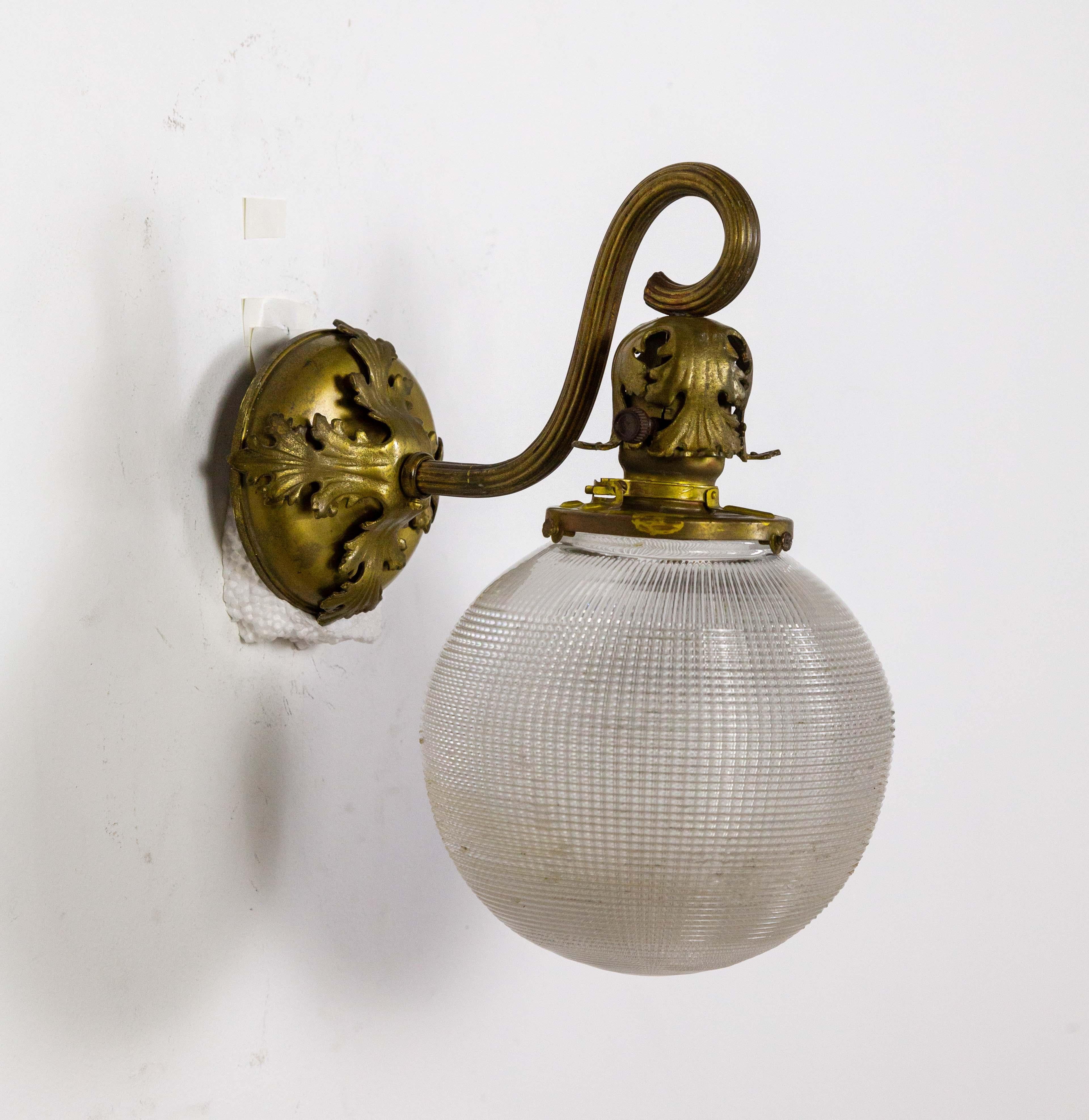 Antique Scroll Arm Textured Glass Globe Sconces (Pair) In Good Condition For Sale In San Francisco, CA