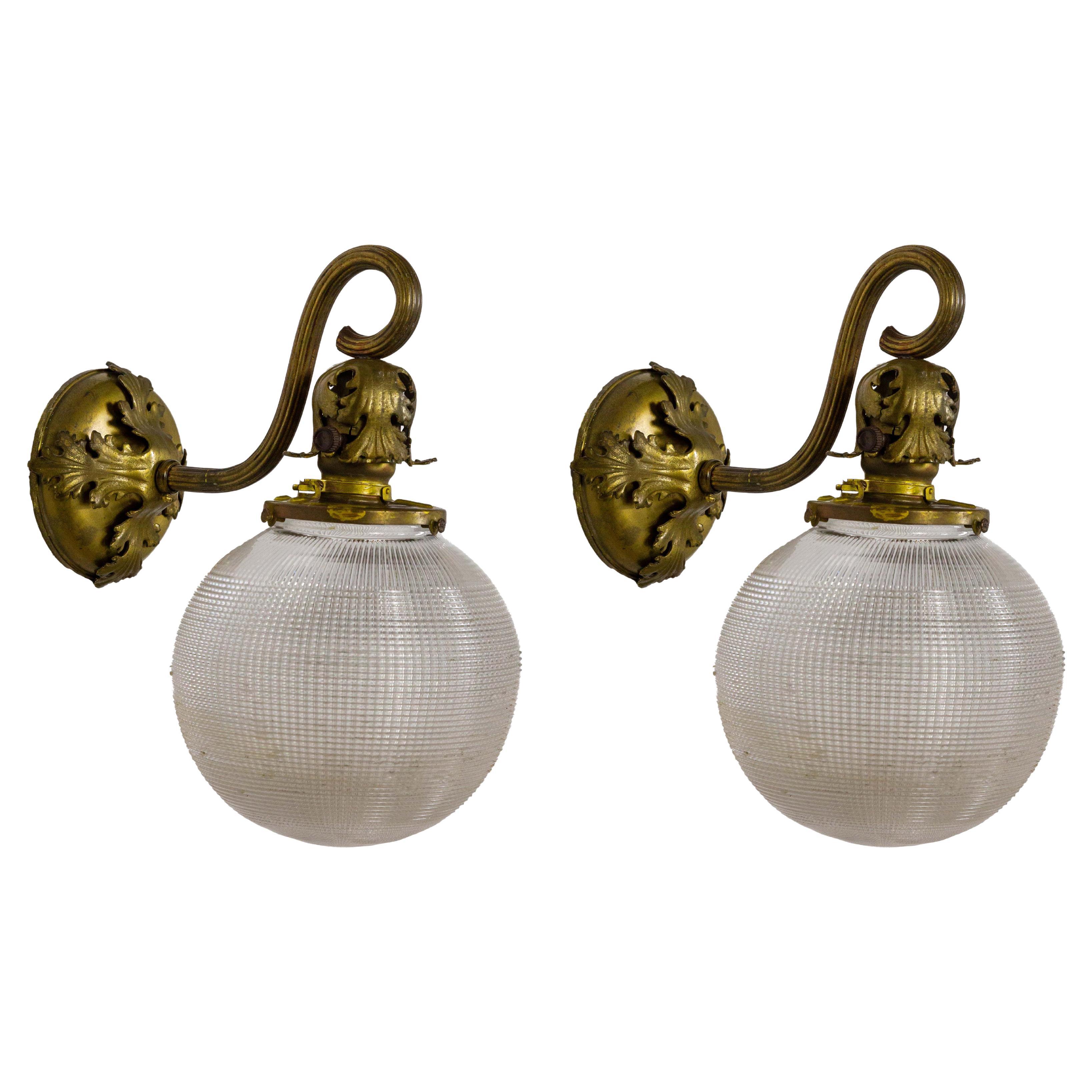 Antique Scroll Arm Textured Glass Globe Sconces (Pair) For Sale