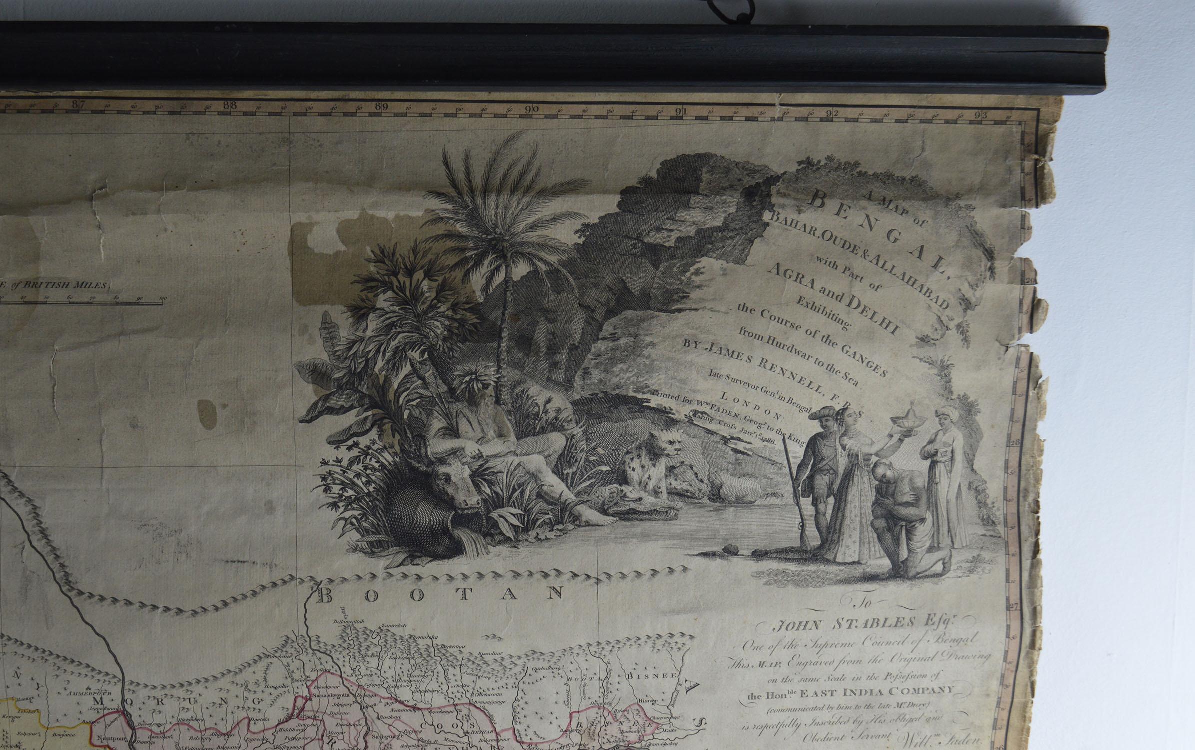 English Antique Scroll Map of India by James Rennell, Dated 1786