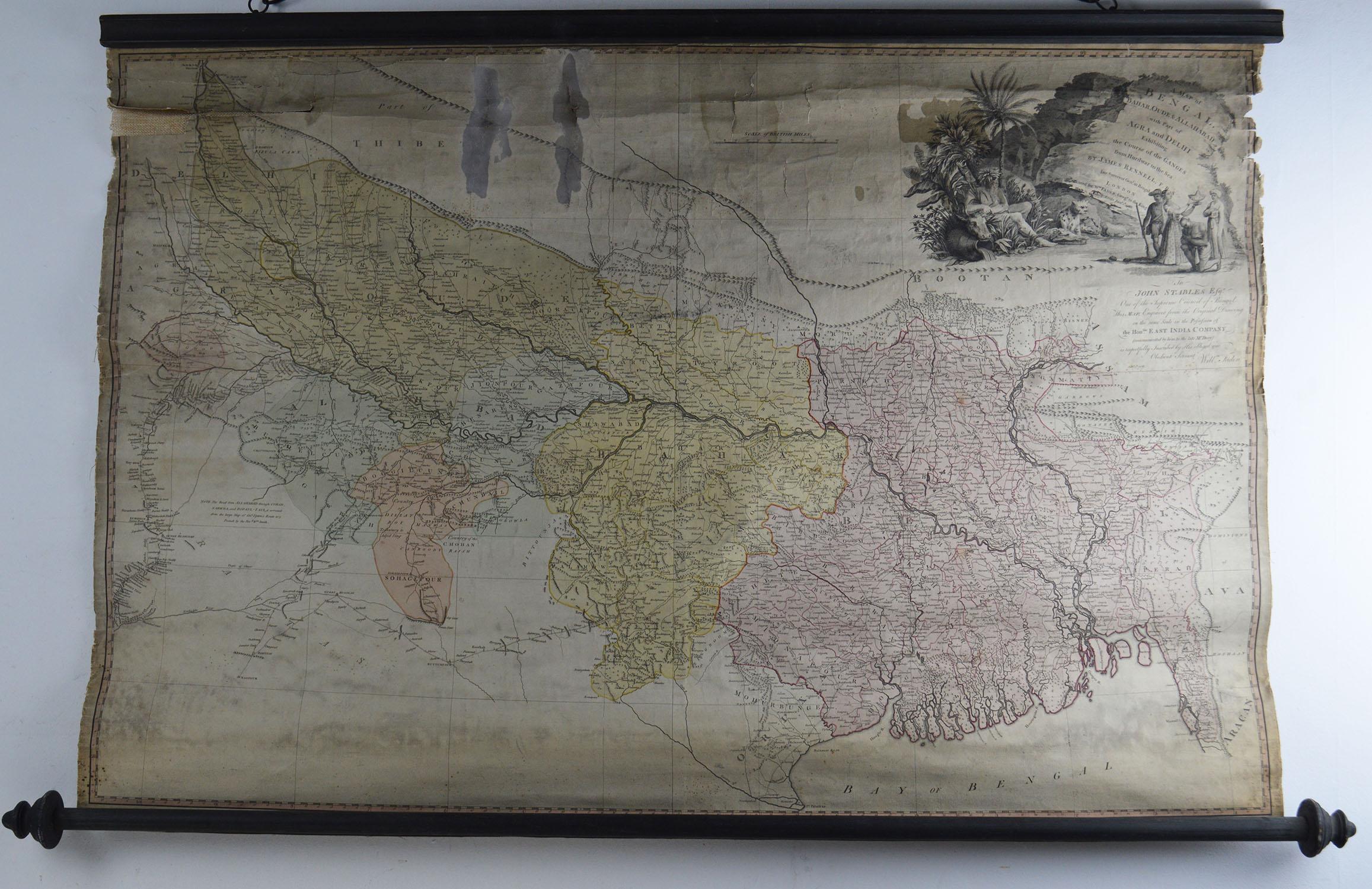 Antique Scroll Map of India by James Rennell, Dated 1786 In Distressed Condition In St Annes, Lancashire