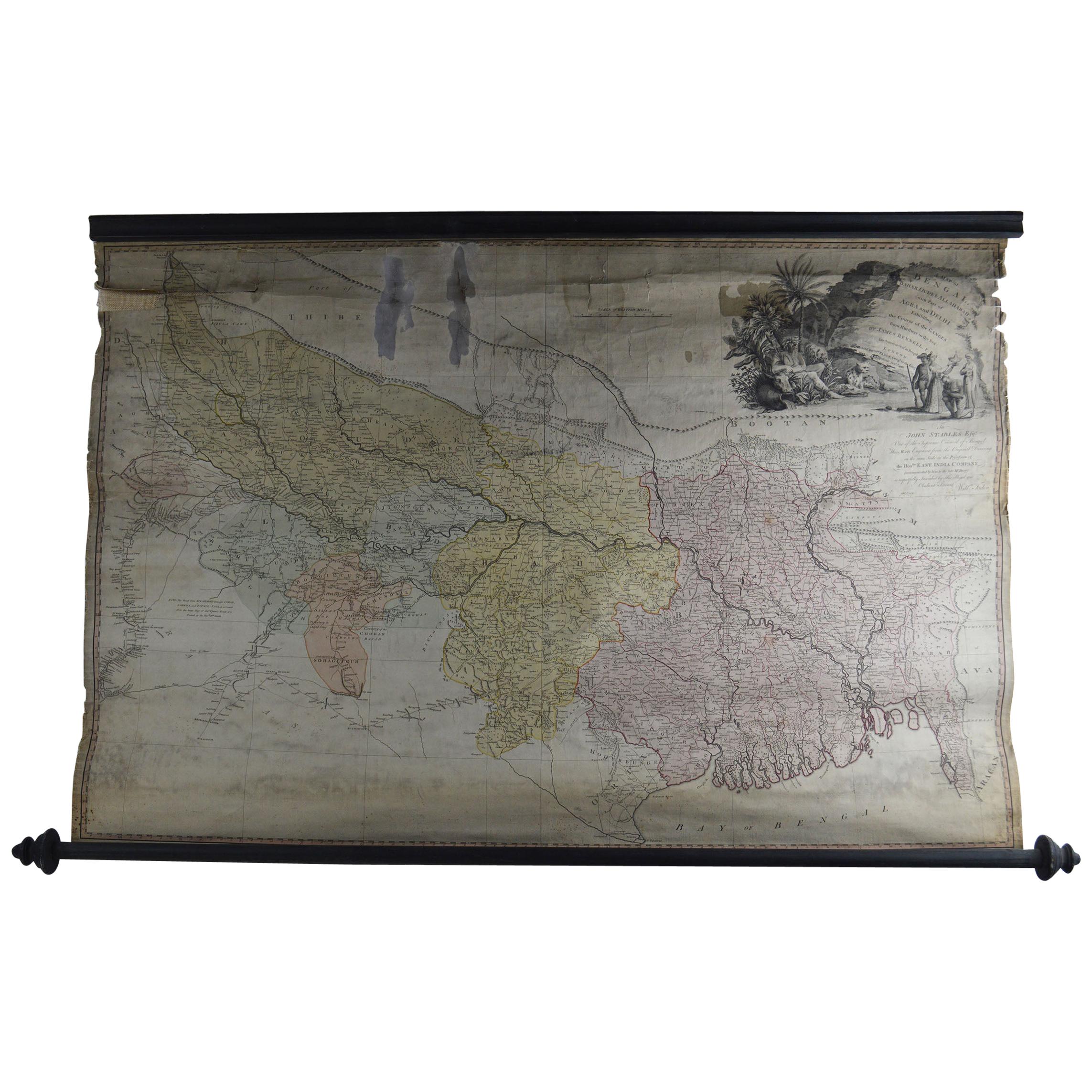 Antique Scroll Map of India by James Rennell, Dated 1786
