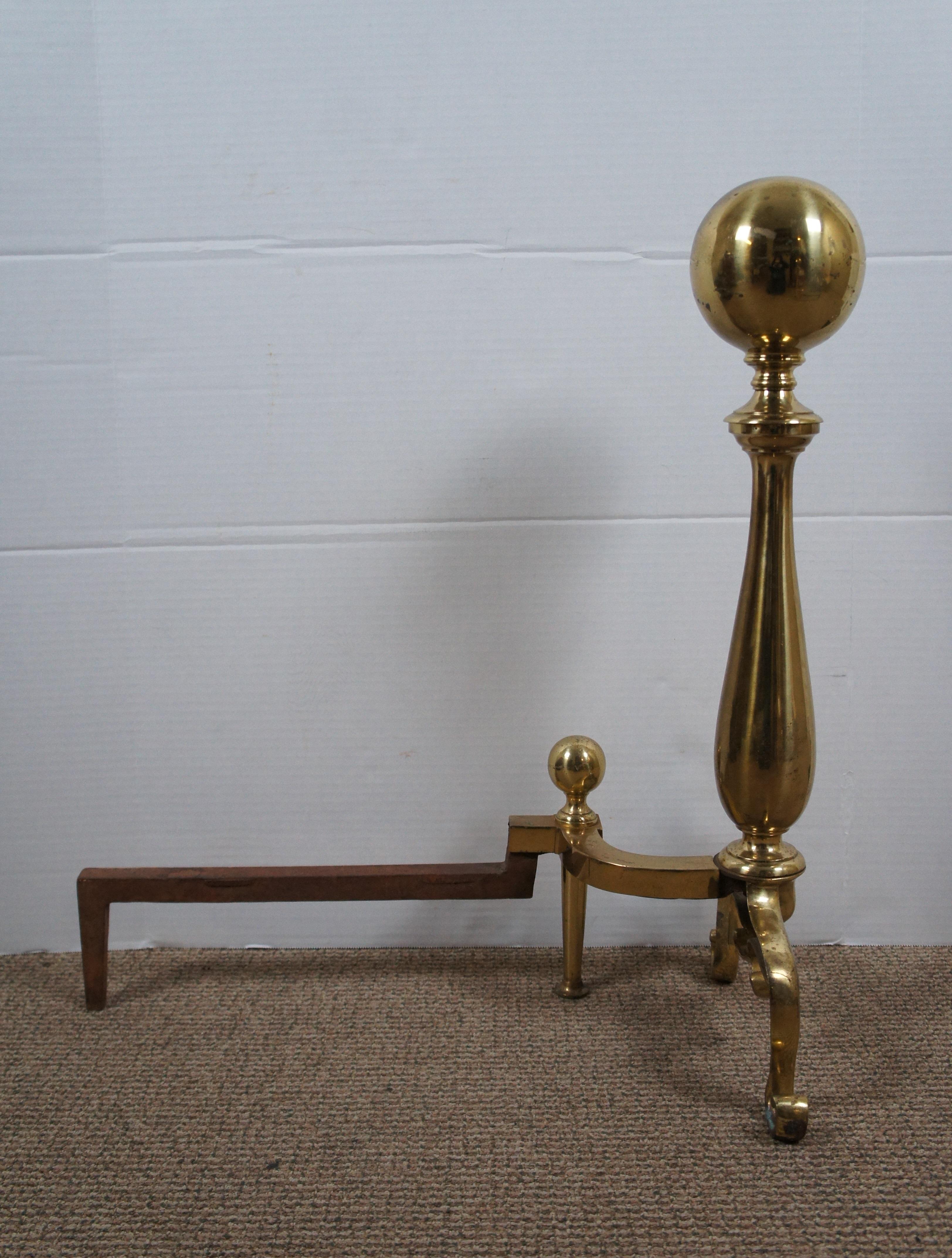 Antique Scrolled Brass Cannon Ball Fireplace Andirons Firedogs Hearthware 25
