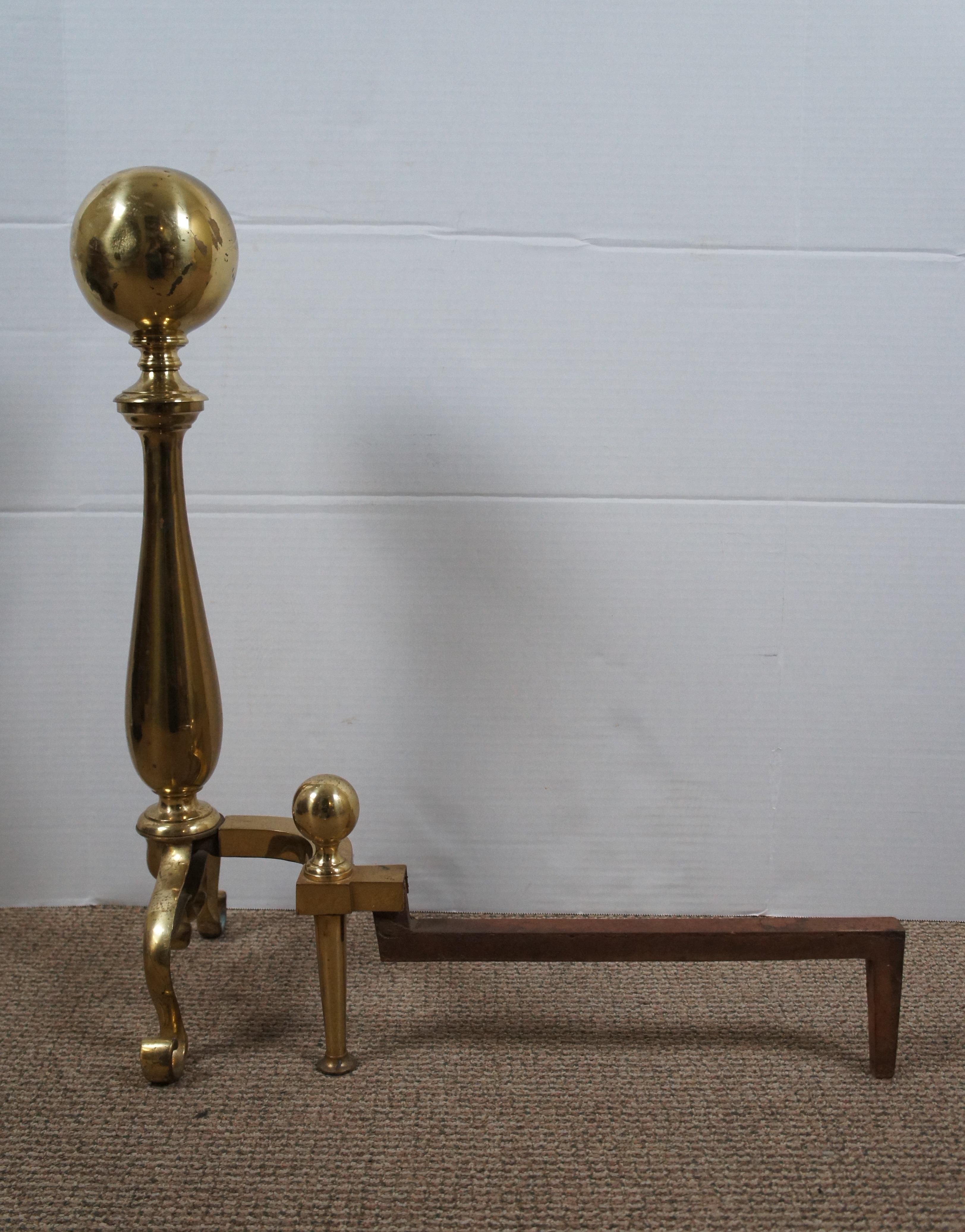 20th Century Antique Scrolled Brass Cannon Ball Fireplace Andirons Firedogs Hearthware 25