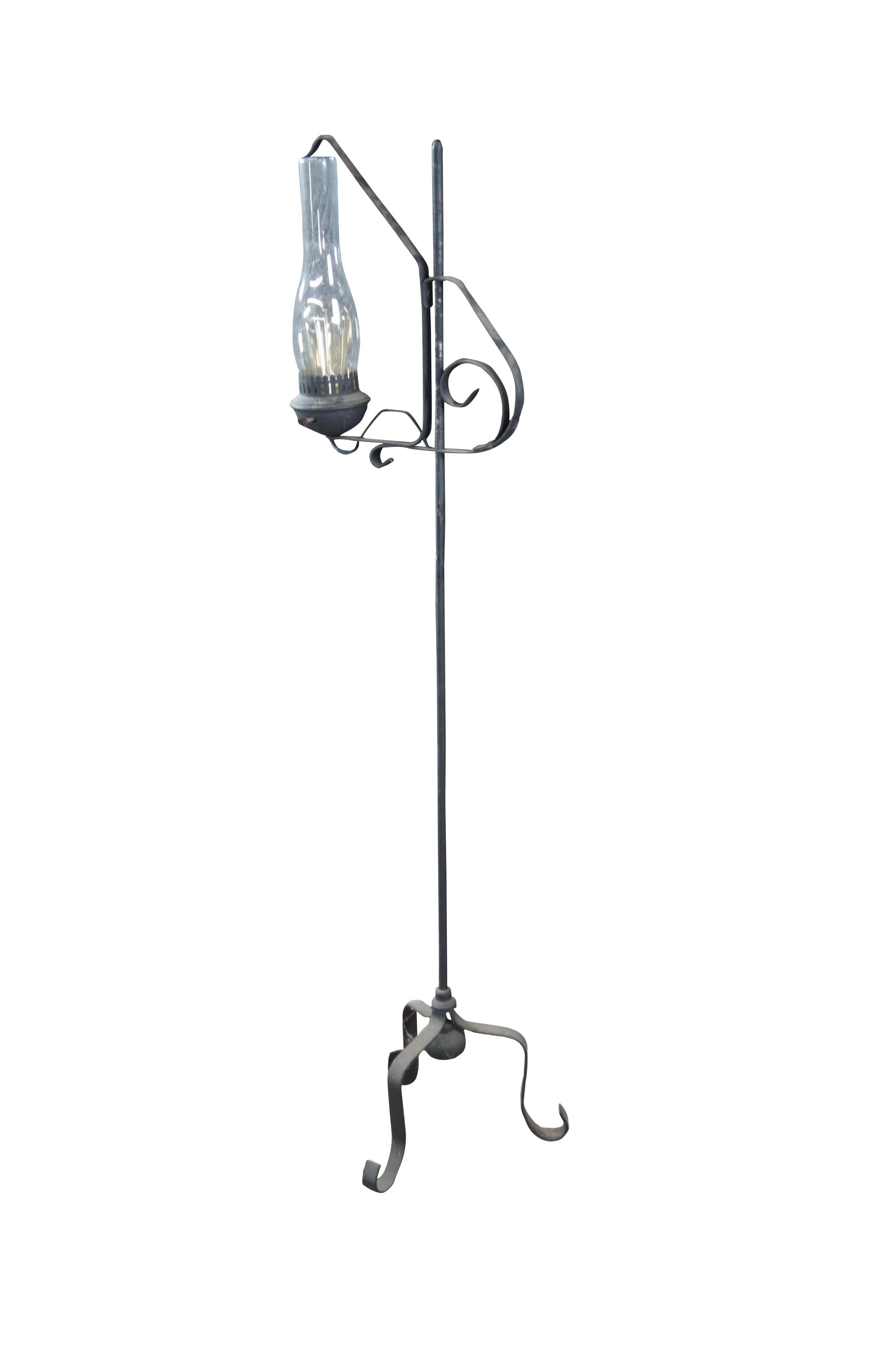 Primitive Antique Scrolled Iron Converted Adjustable Candle Stand Hurricane Floor Lamp 55