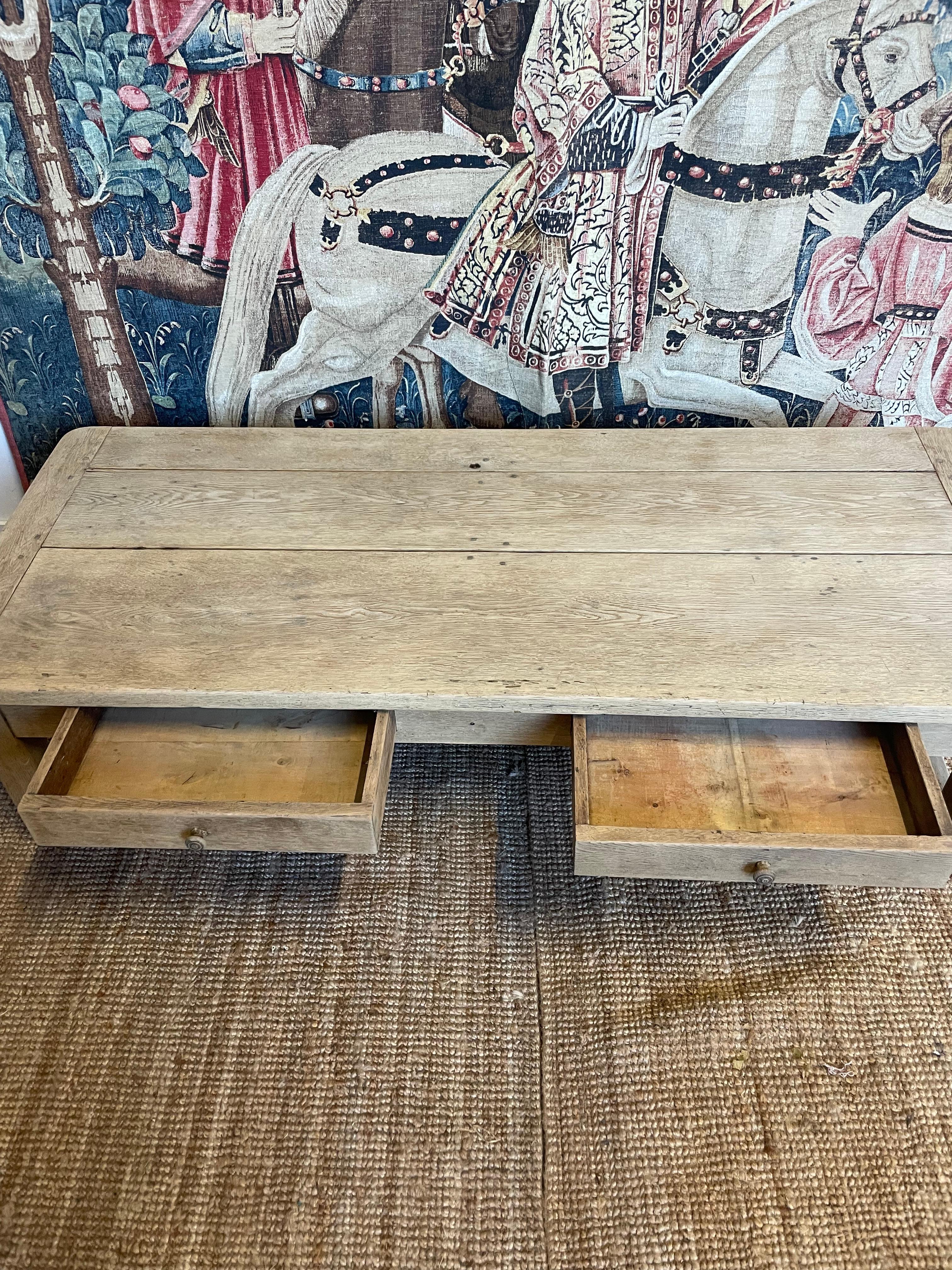 Antique scrubbed oak French 2 drawer coffee table  For Sale 3