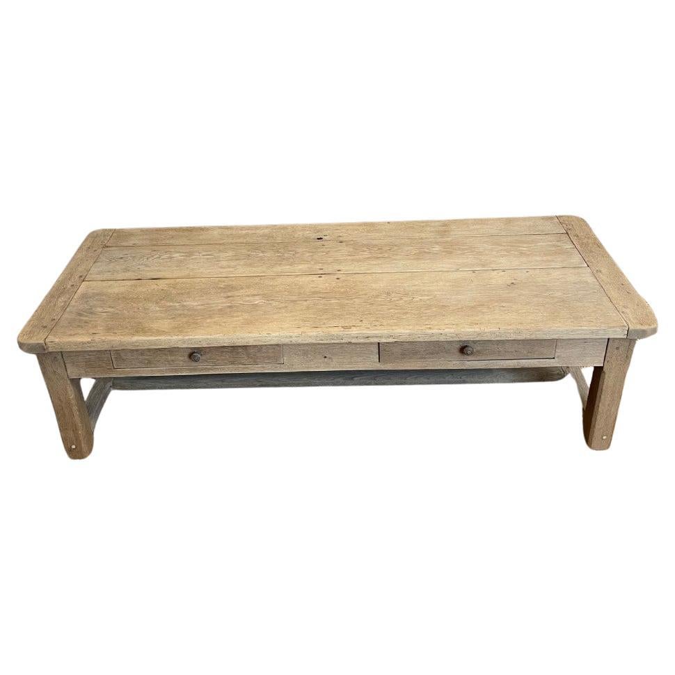 Antique scrubbed oak French 2 drawer coffee table 