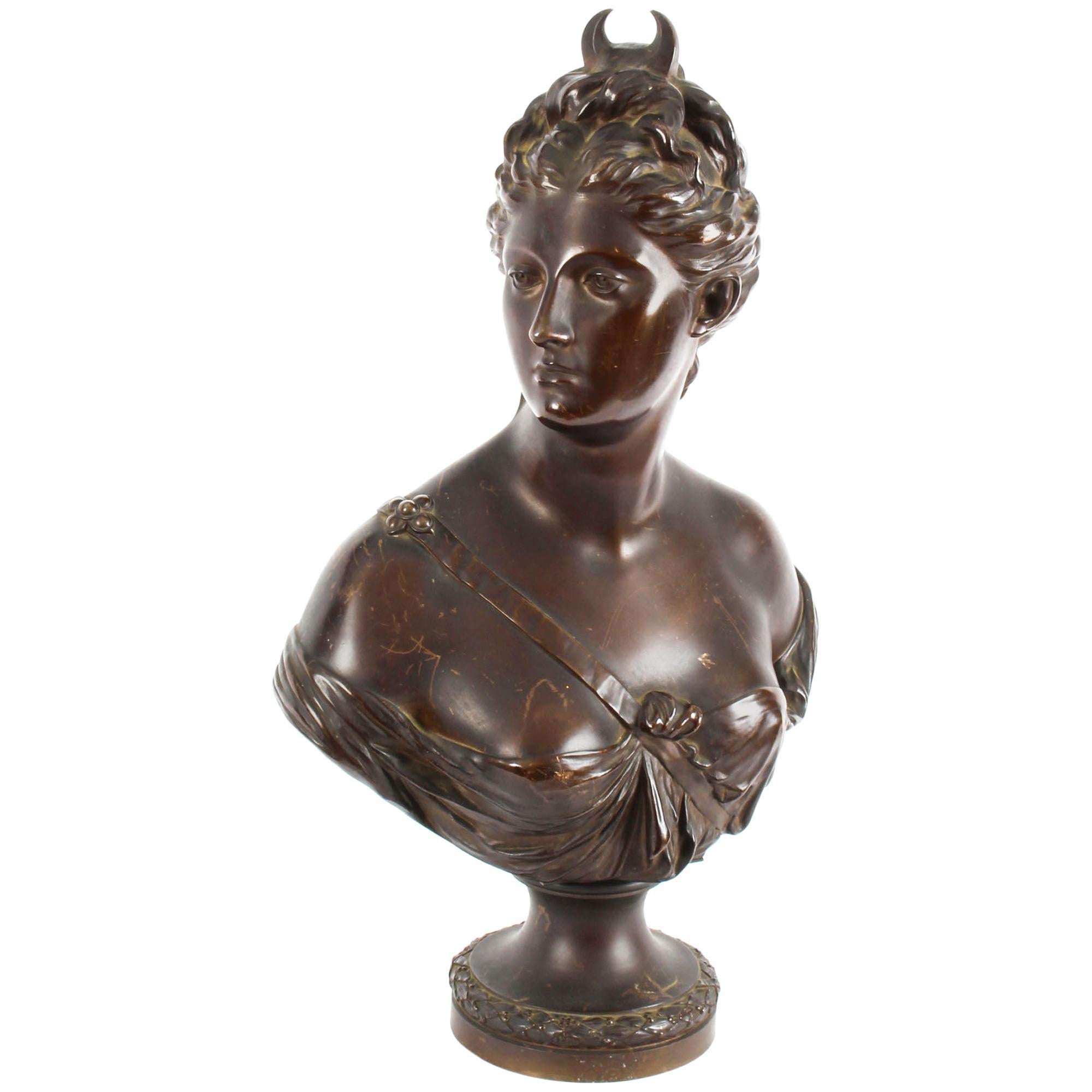 Antique Sculpted Polished Bronze Bust of the Roman Goddess Diana, 19th Century