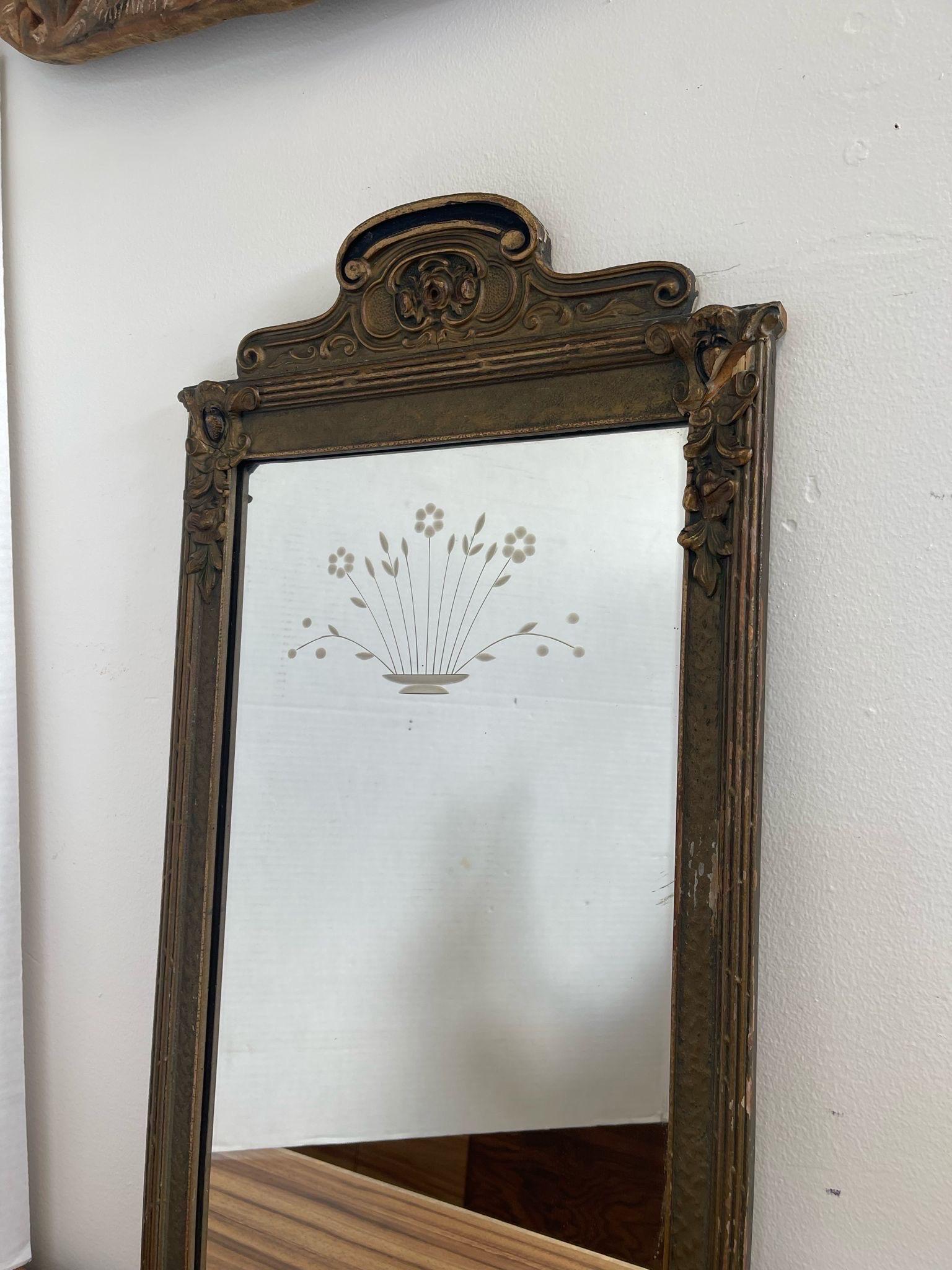 Mid-Century Modern Antique Sculpted Wood Frame Mirror With Floral Etching. For Sale