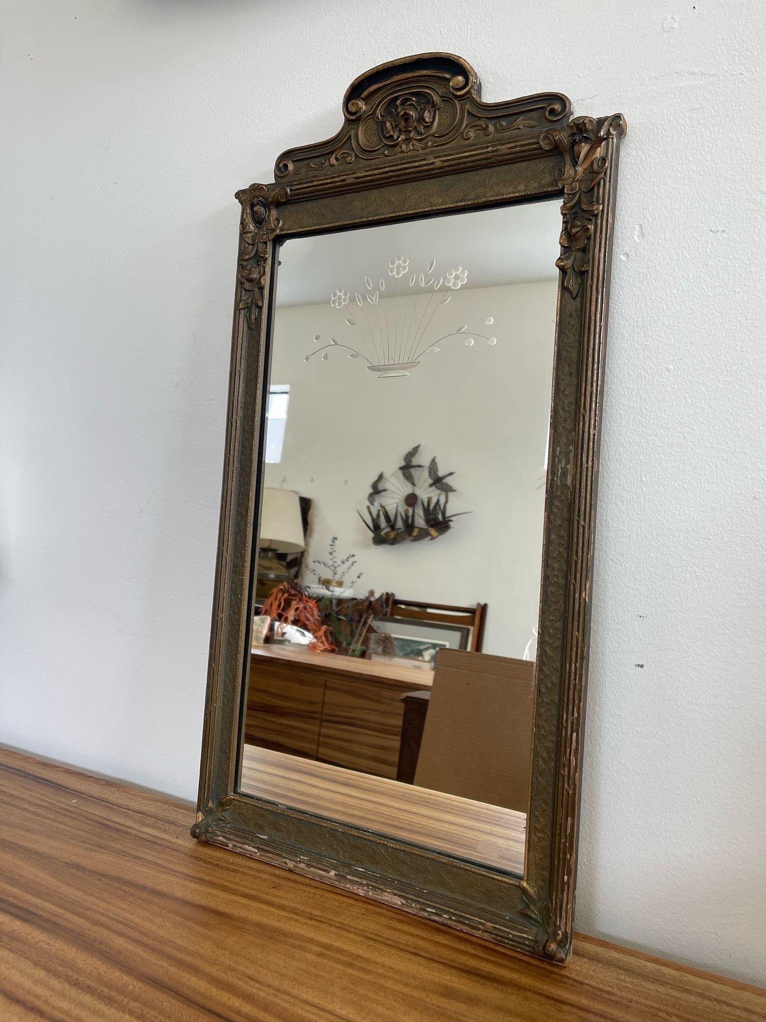 Antique Sculpted Wood Frame Mirror With Floral Etching. For Sale 1