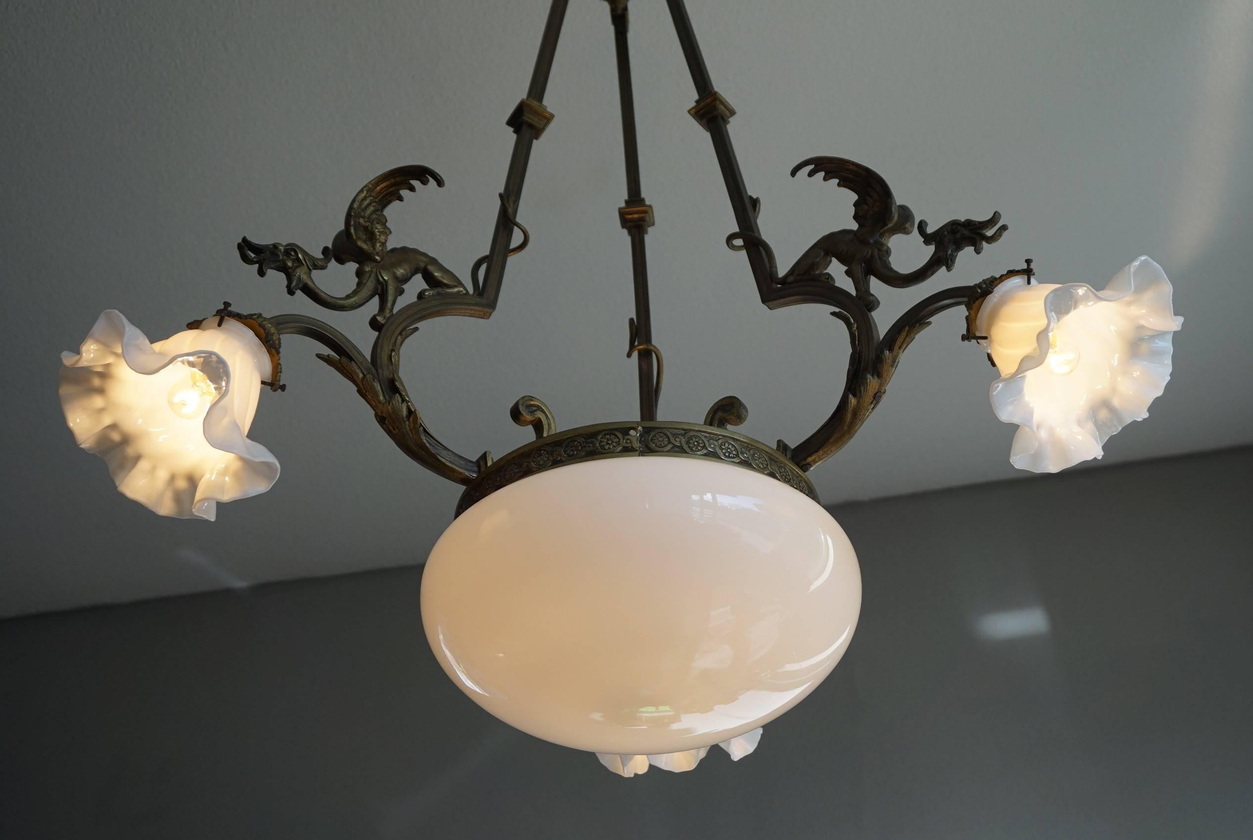 French Antique Gothic Revival Bronze & Glass Pendant / Chandelier w. Winged Gargoyles For Sale