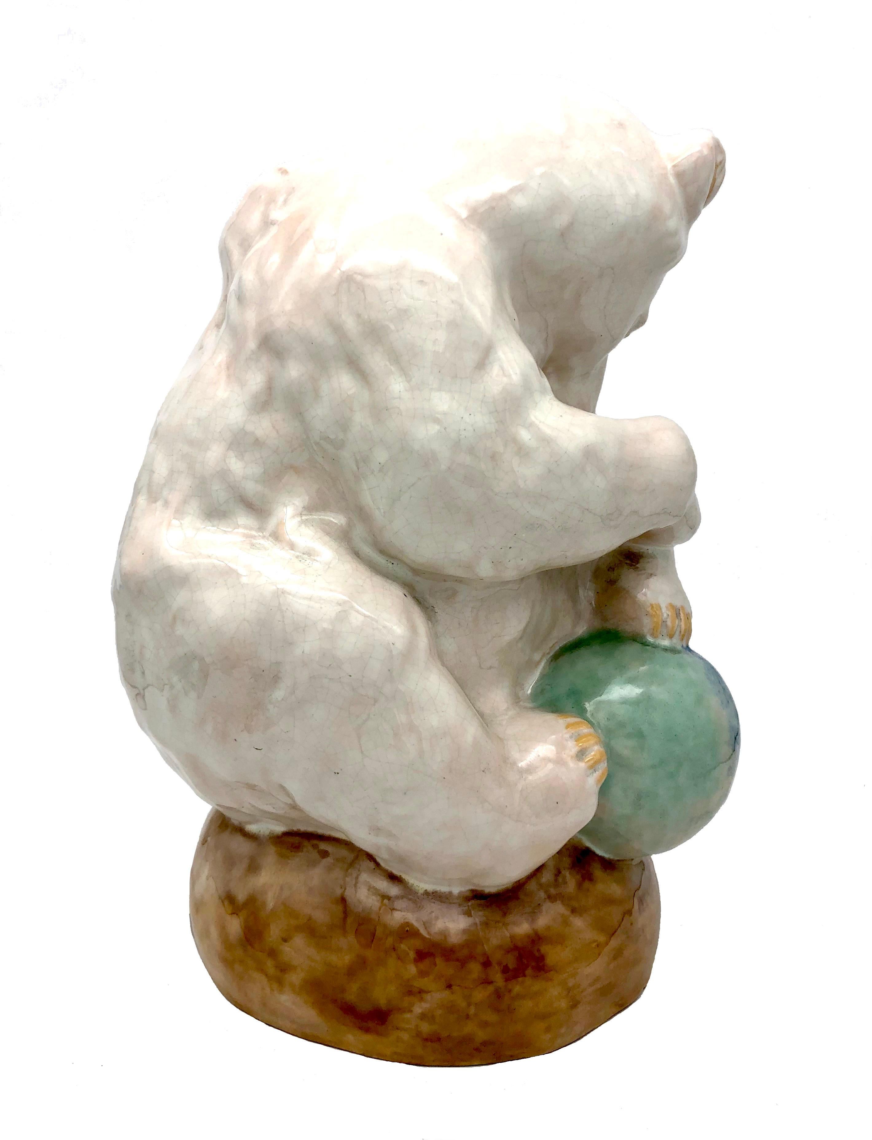 Art Nouveau Antique Sculpture Ice Bear On Blue Ball Signed Franz Barwig Glazed Ceramic For Sale